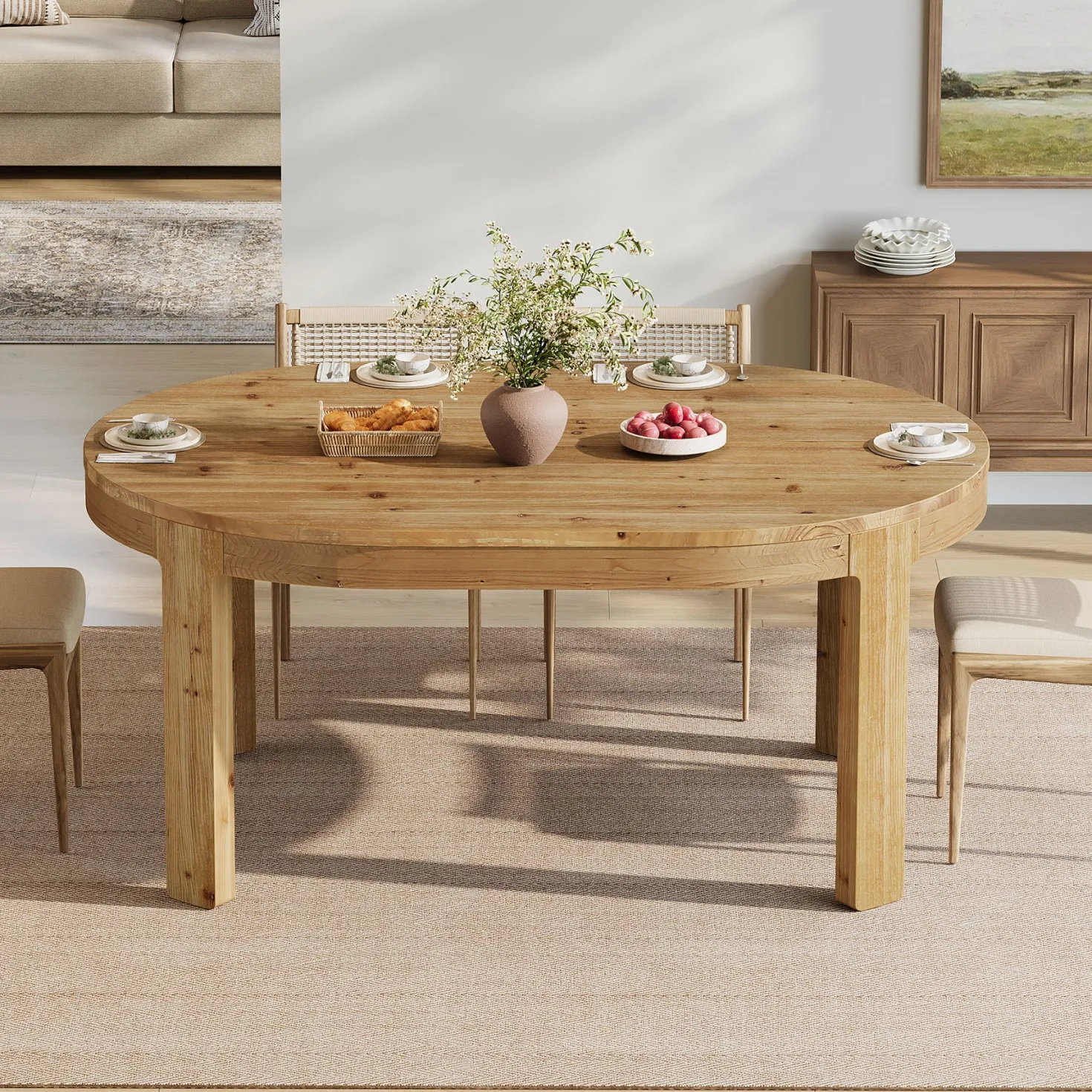55" Oval Dining Table, Solid Wood Kitchen Dinner Table for 4 People