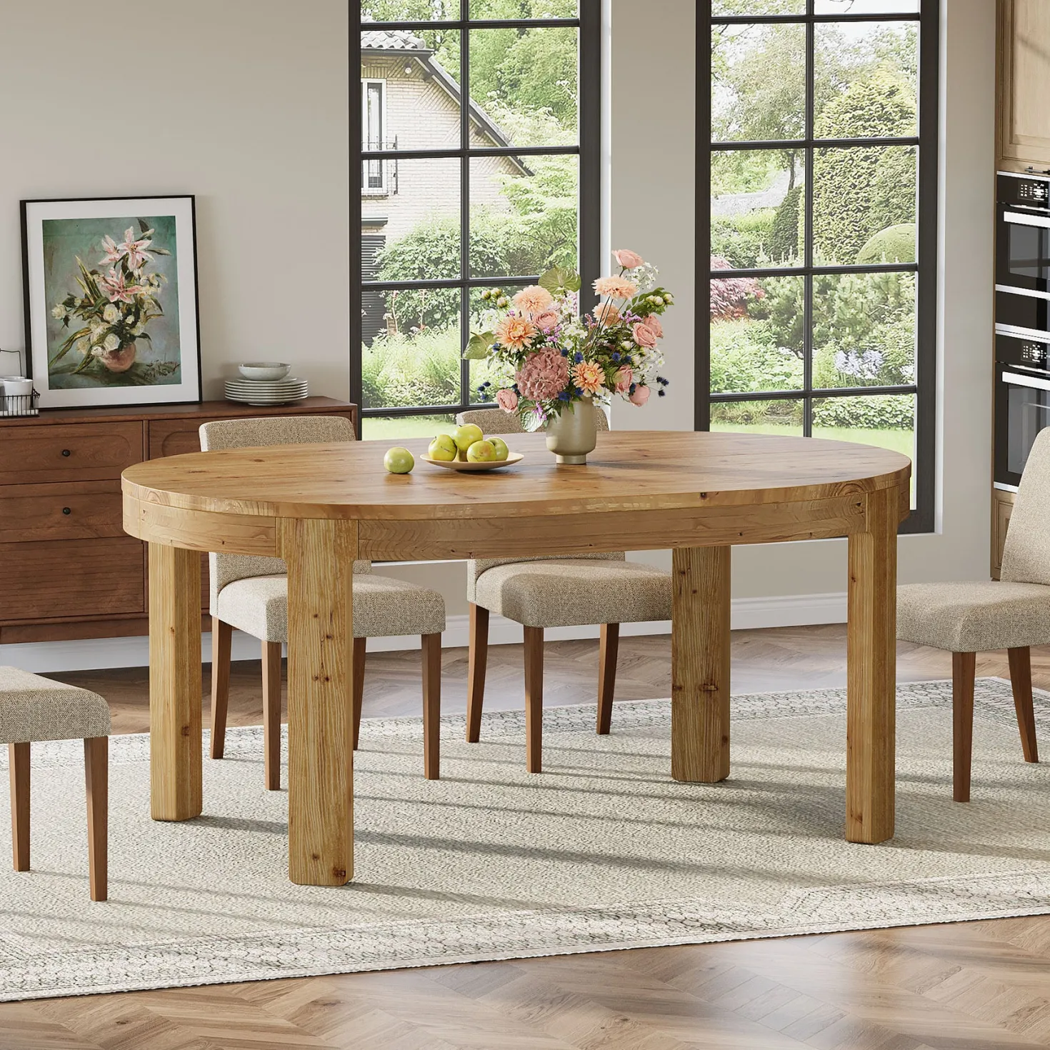 55" Oval Dining Table, Solid Wood Kitchen Dinner Table for 4 People