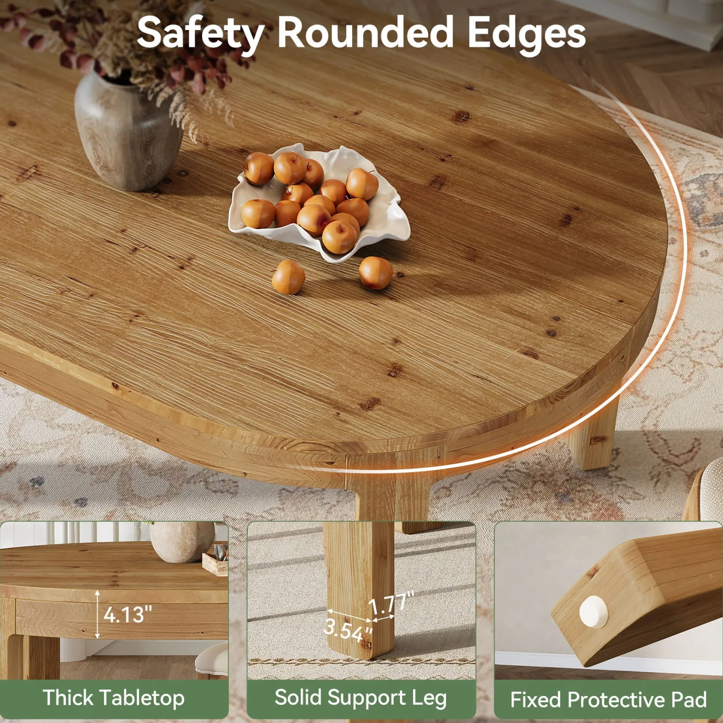 55" Oval Dining Table, Solid Wood Kitchen Dinner Table for 4 People