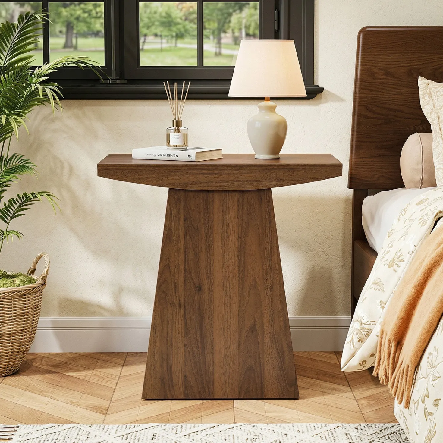23.6" Pedestal End Table, Farmhouse Sofa Couch Side Table with Trapezoid Base