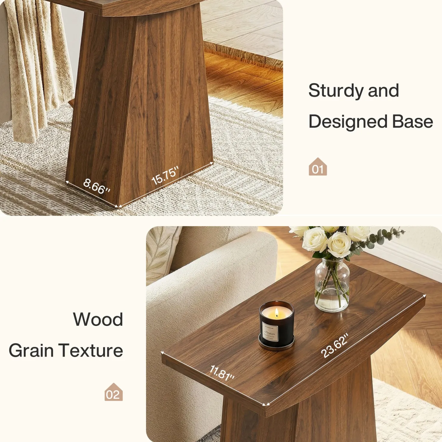 23.6" Pedestal End Table, Farmhouse Sofa Couch Side Table with Trapezoid Base