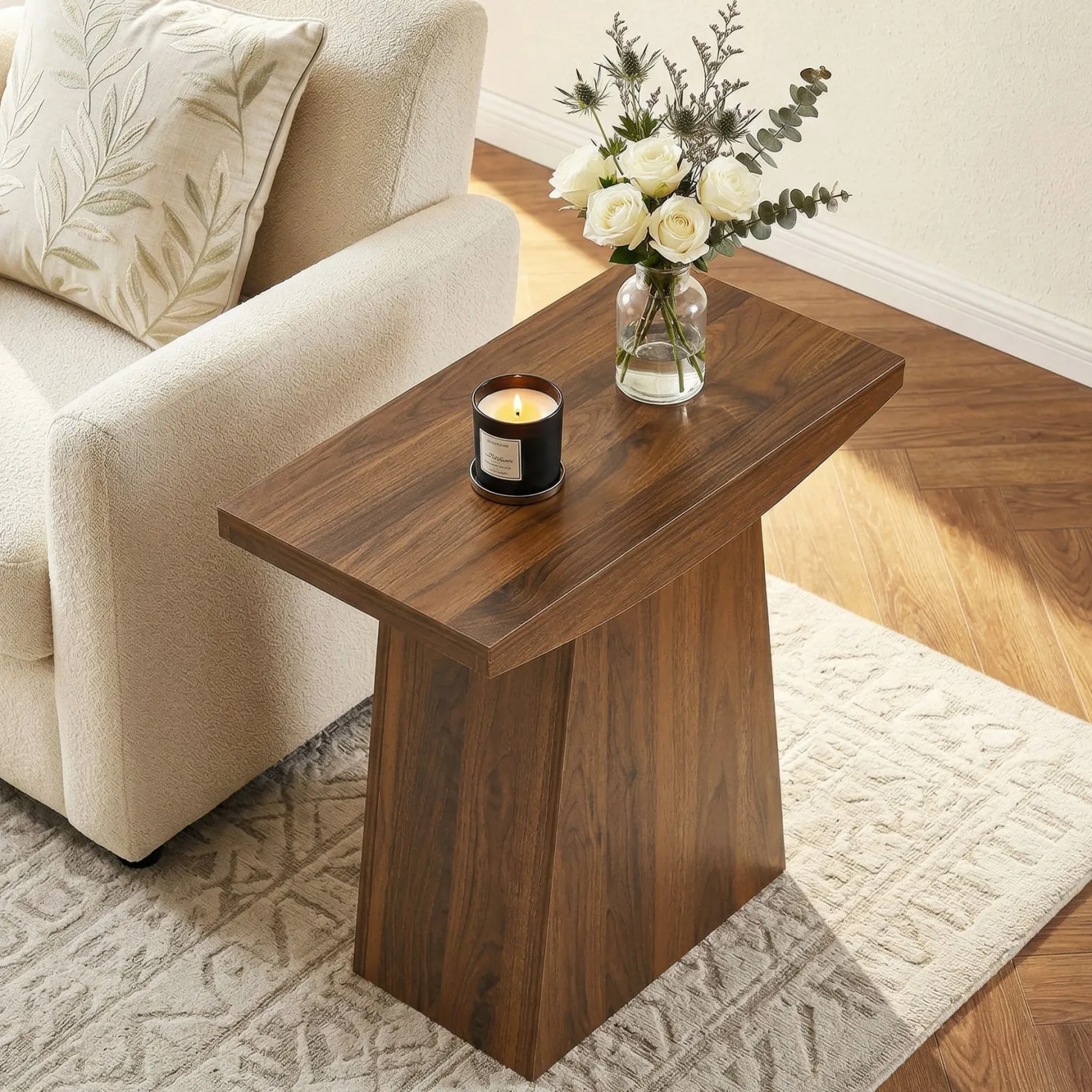 23.6" Pedestal End Table, Farmhouse Sofa Couch Side Table with Trapezoid Base