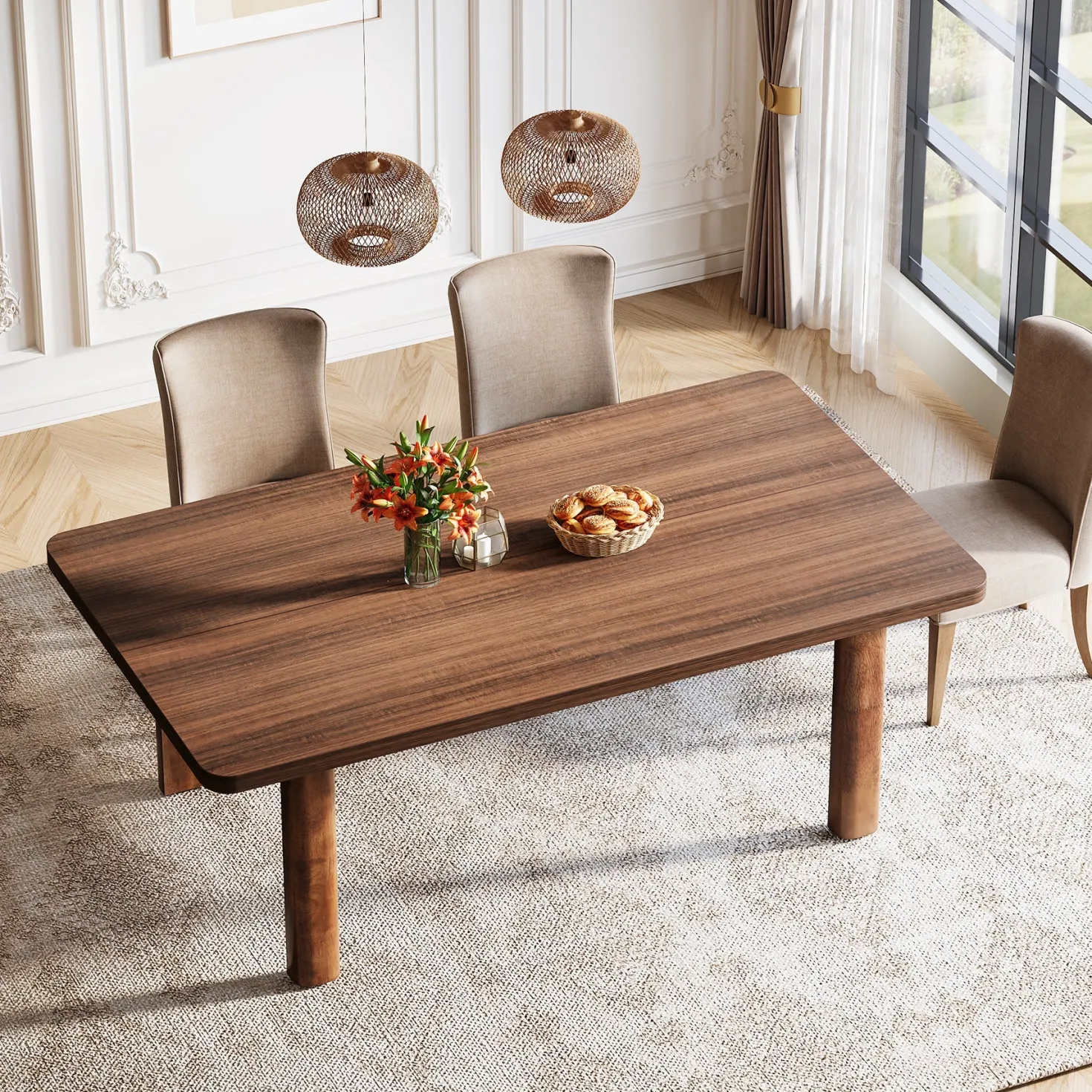 63" Rectangle Dining Table for 4-6, Farmhouse Kitchen Table with Solid Wood Legs