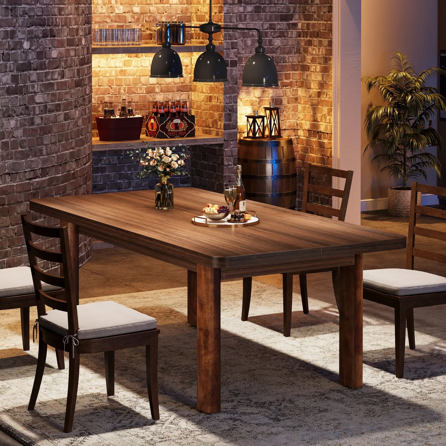 63" Rectangle Dining Table for 4-6, Farmhouse Kitchen Table with Solid Wood Legs