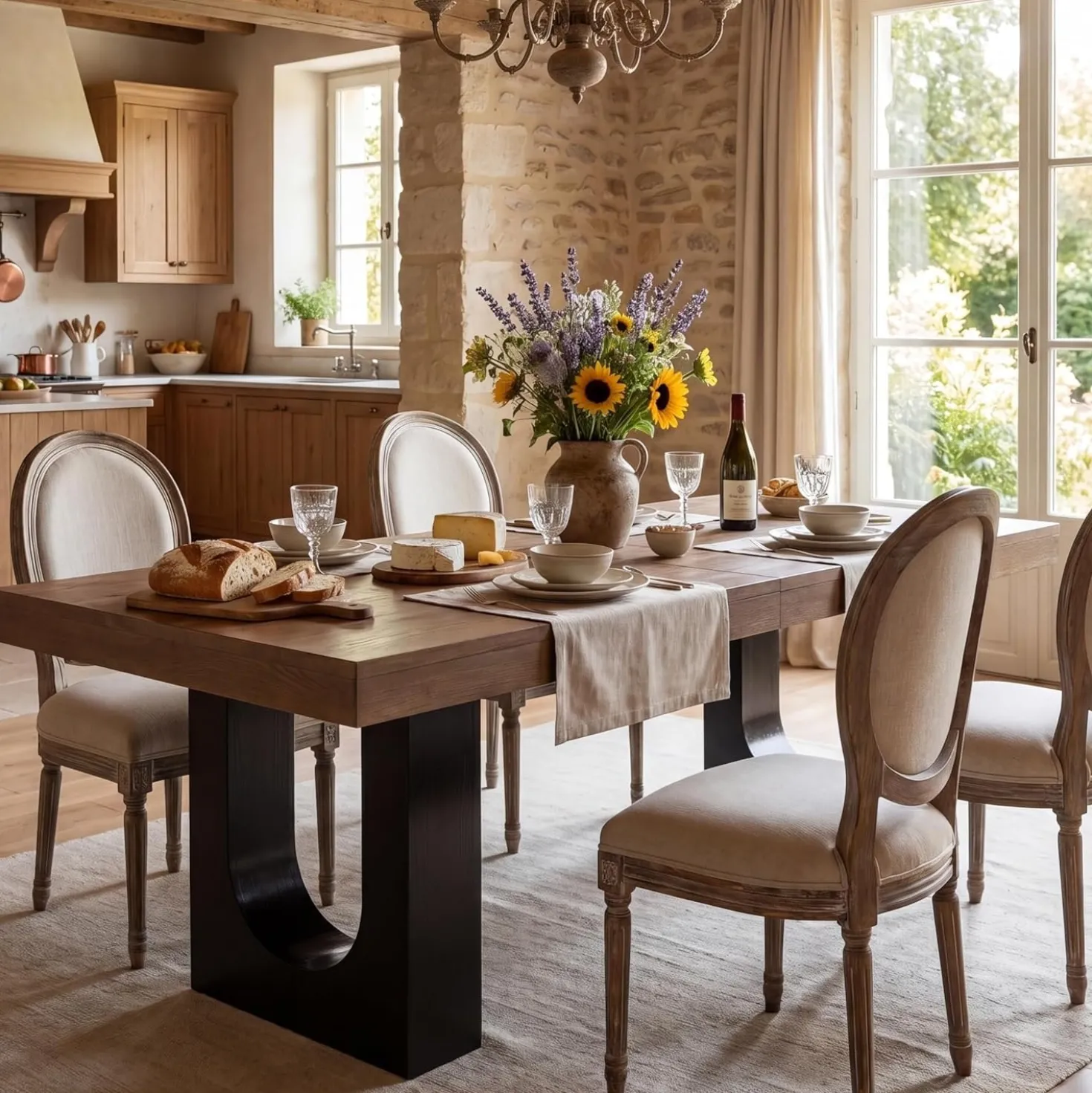 78.7" Rectangular Dining Table, Modern Farmhouse Kitchen Table with Sculptural Pedestal Base for 6-8 People