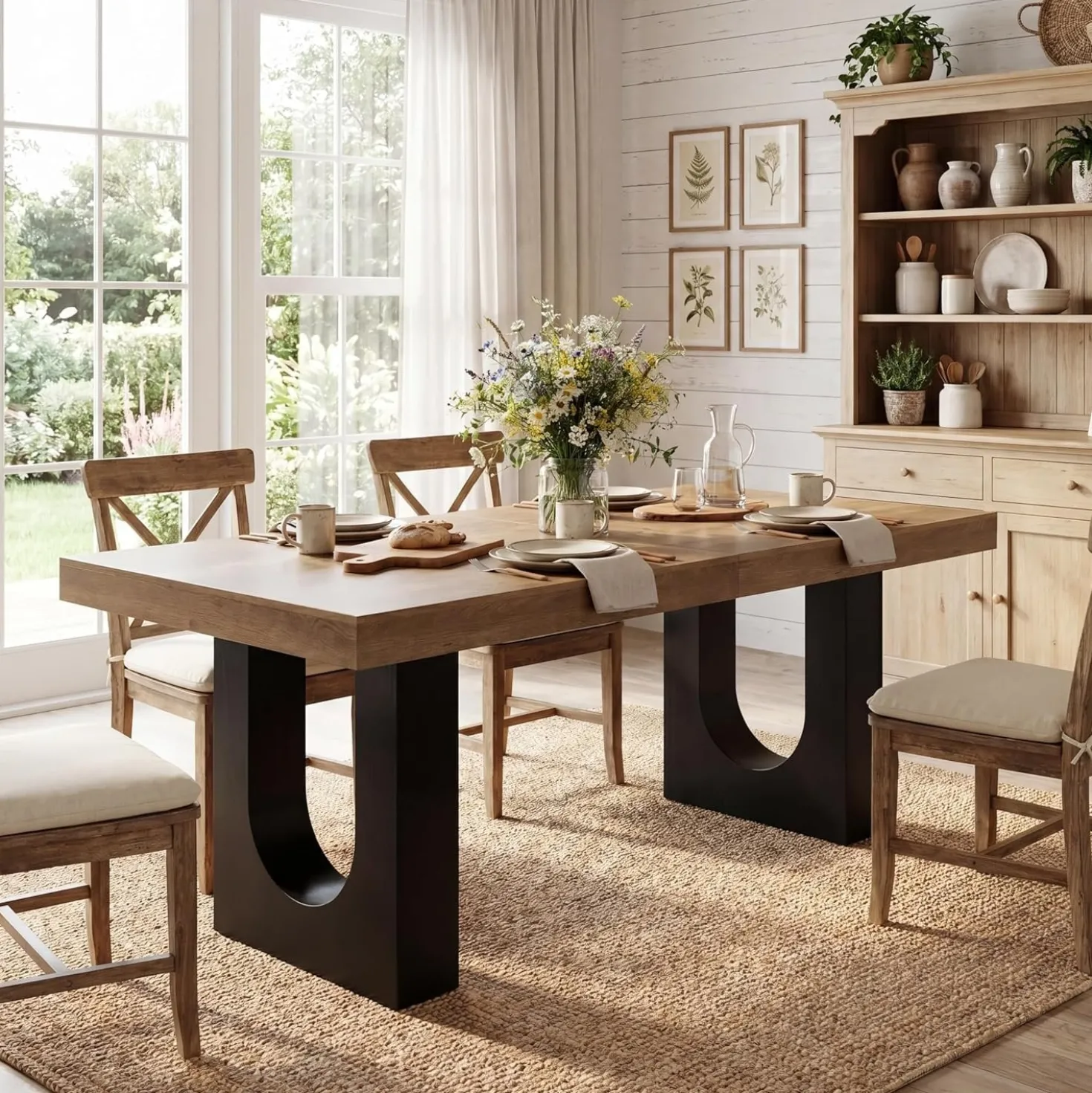 78.7" Rectangular Dining Table, Modern Farmhouse Kitchen Table with Sculptural Pedestal Base for 6-8 People
