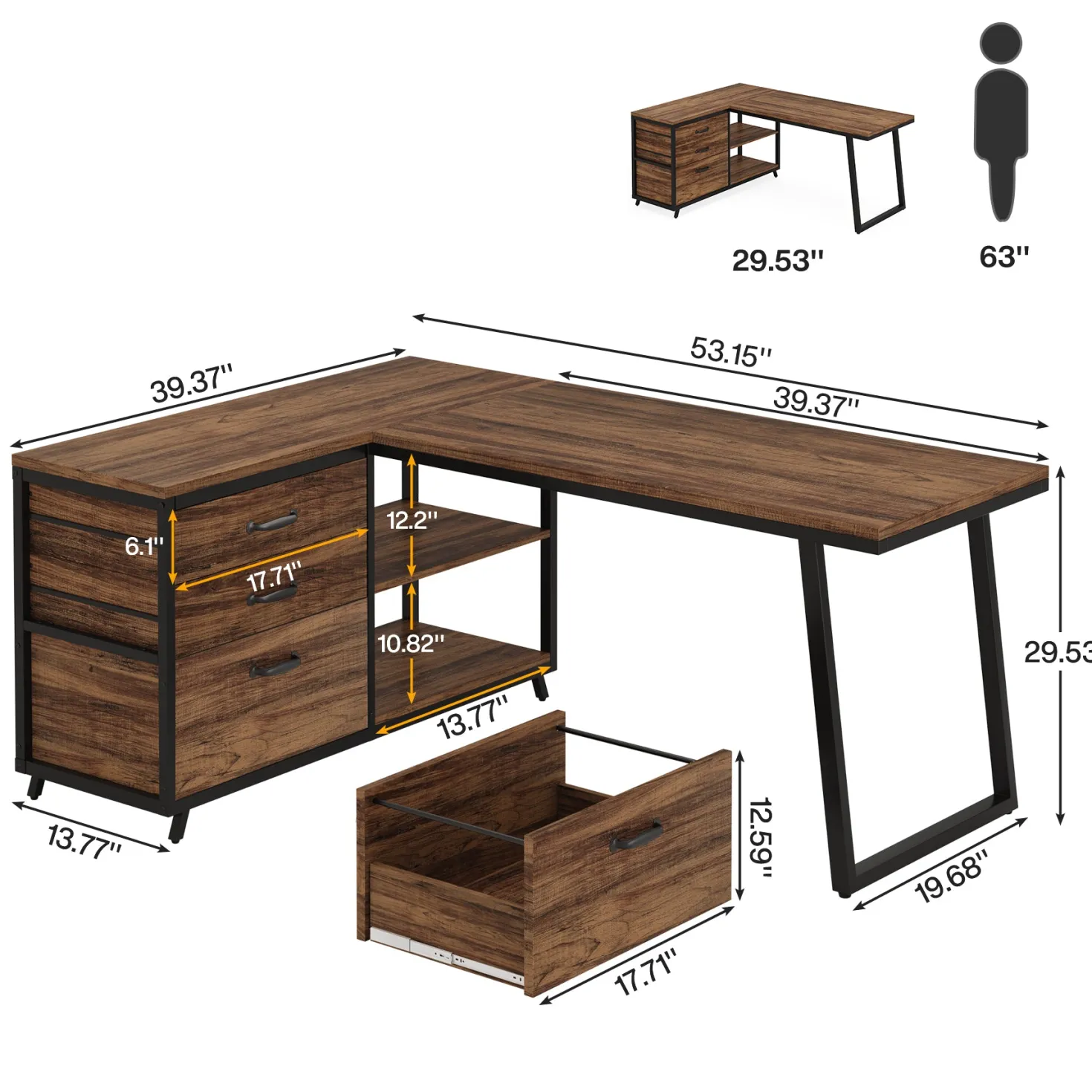 53" Reversible L-Shaped Computer Desk With 3 Drawers & Shelves