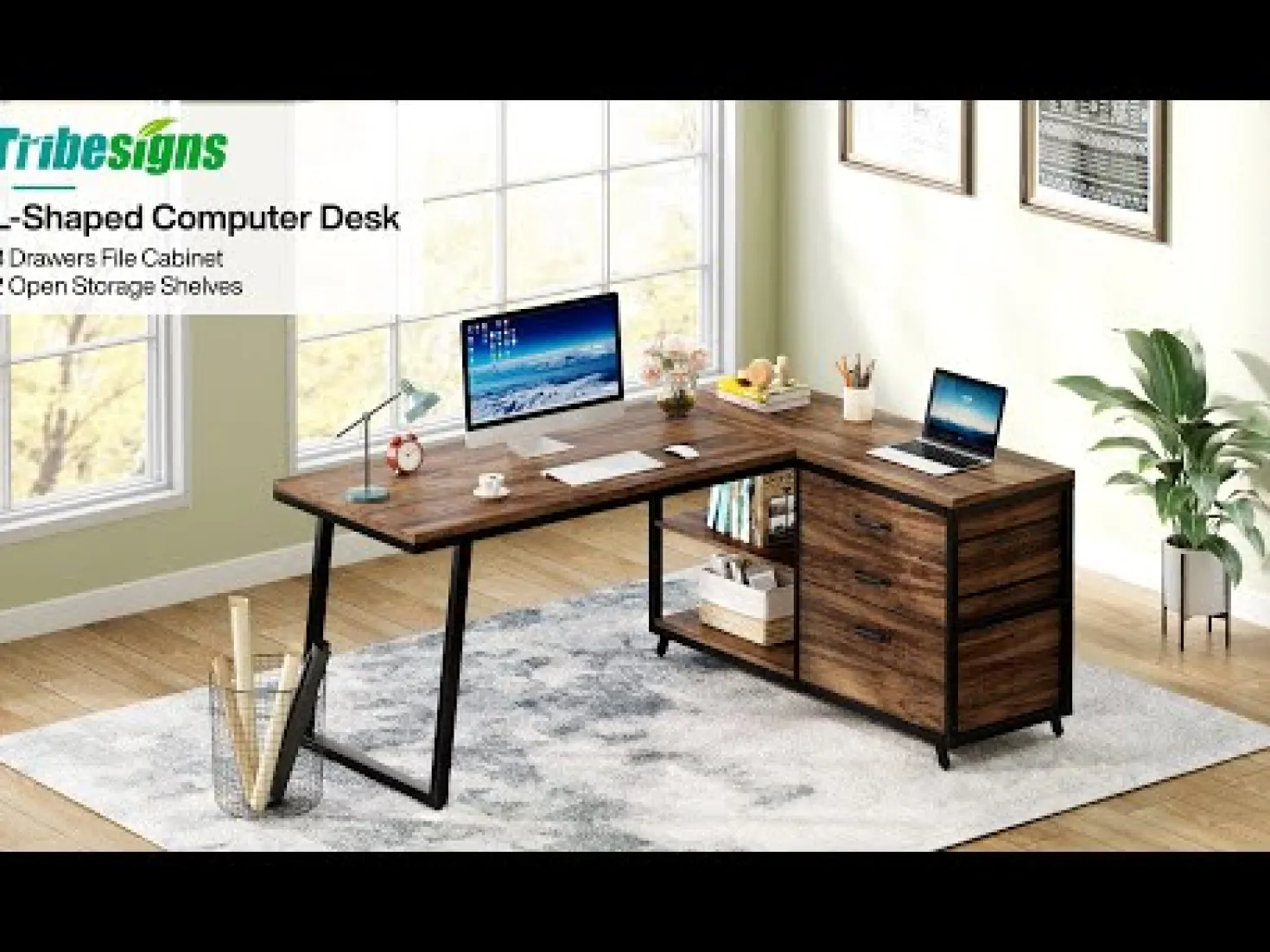 53" Reversible L-Shaped Computer Desk With 3 Drawers & Shelves