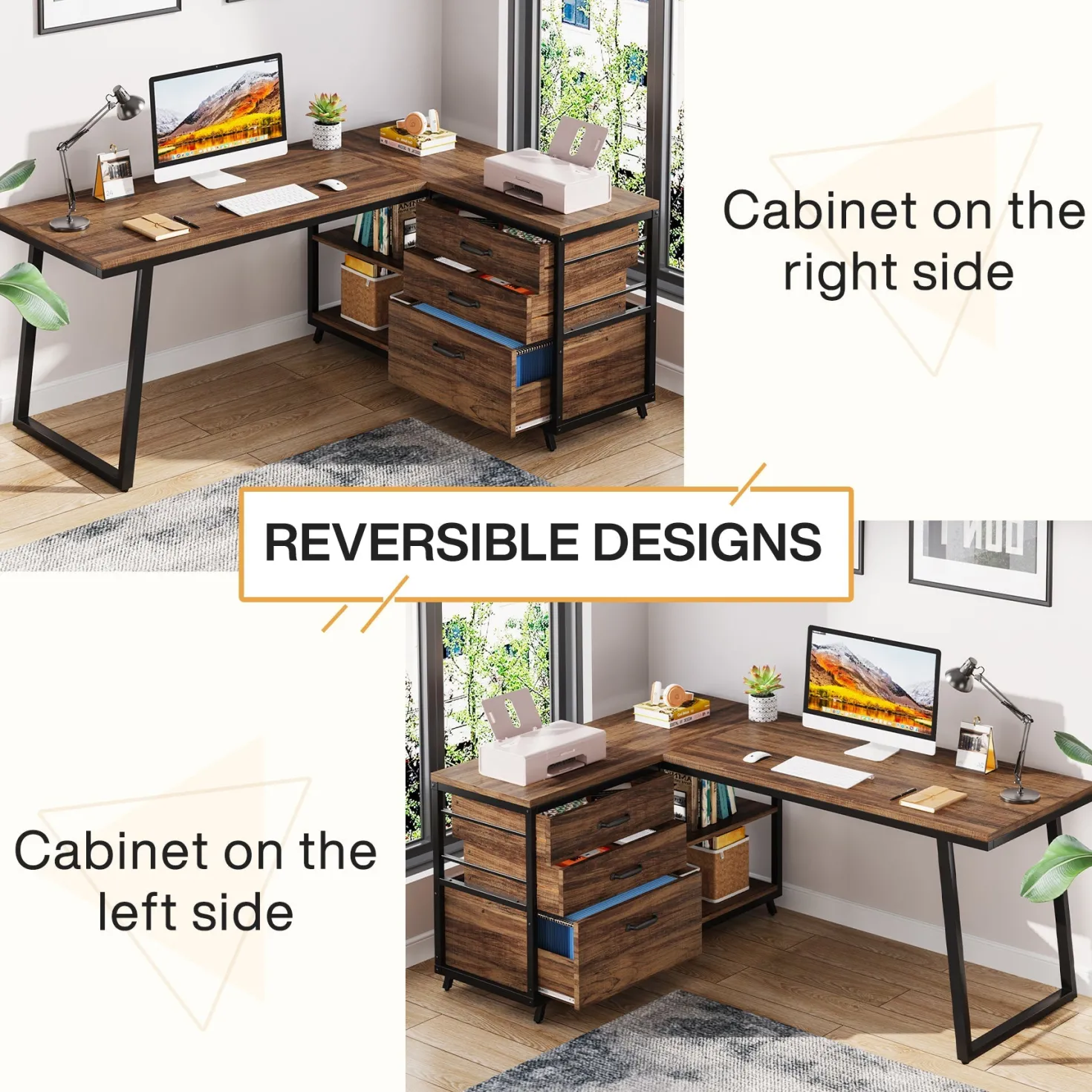 53" Reversible L-Shaped Computer Desk With 3 Drawers & Shelves
