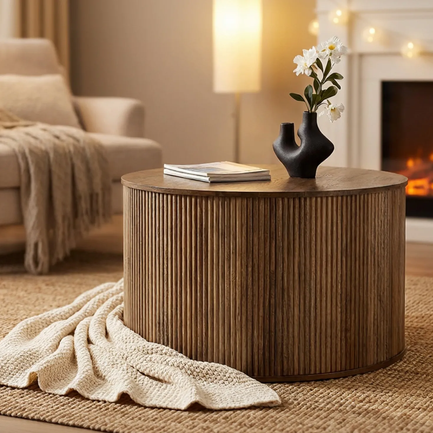 31.5" Round Coffee Table, Modern Center Table with Wooden Veneer Top