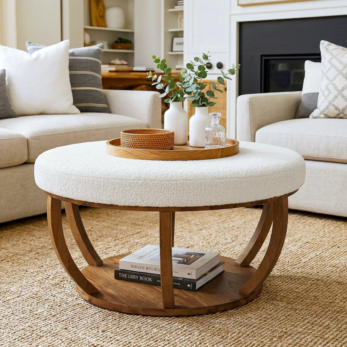 31.5" Round Coffee Table, Modern Footrest Ottoman Center Table with Solid Wood Frame