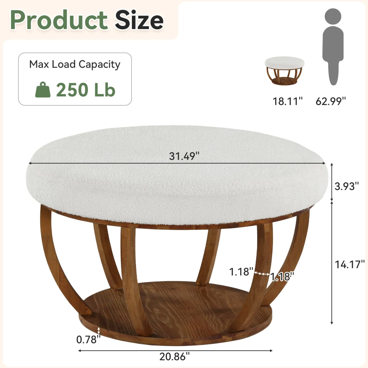 31.5" Round Coffee Table, Modern Footrest Ottoman Center Table with Solid Wood Frame