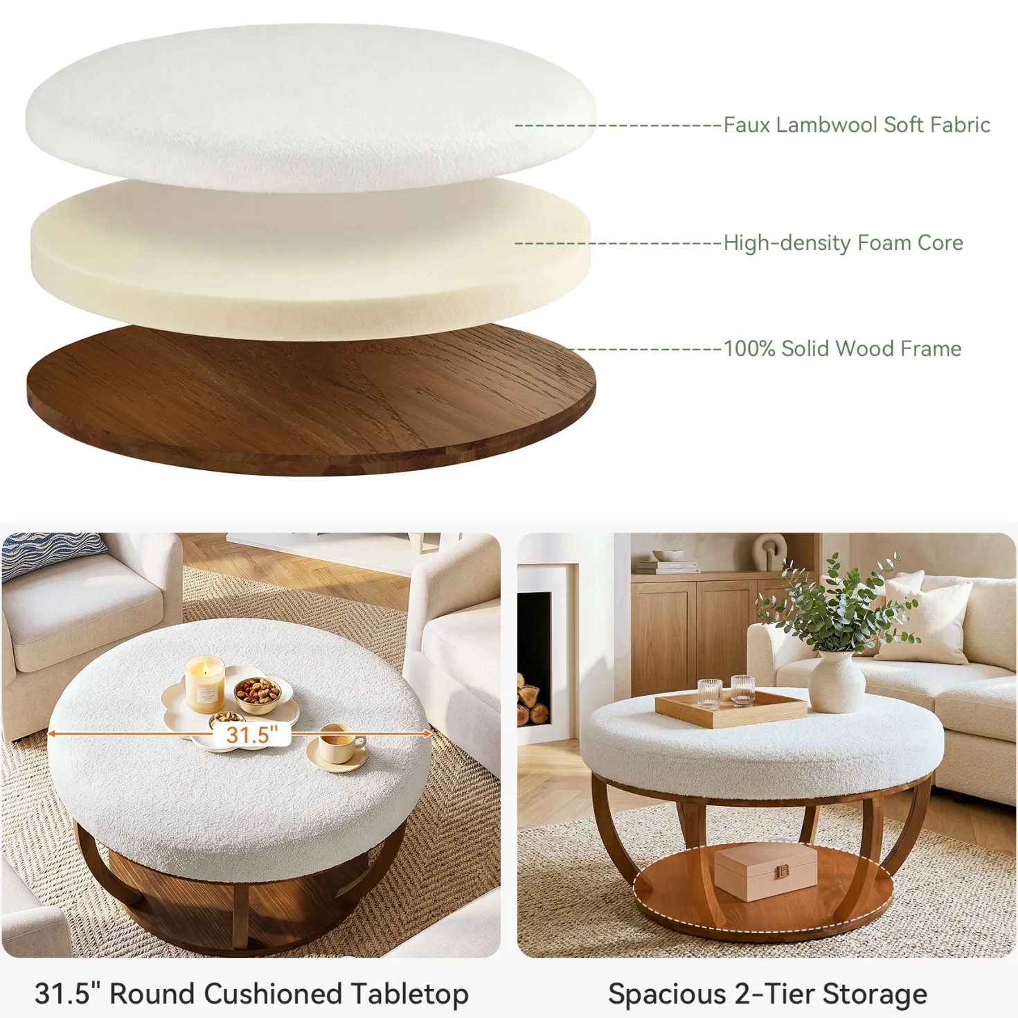 31.5" Round Coffee Table, Modern Footrest Ottoman Center Table with Solid Wood Frame