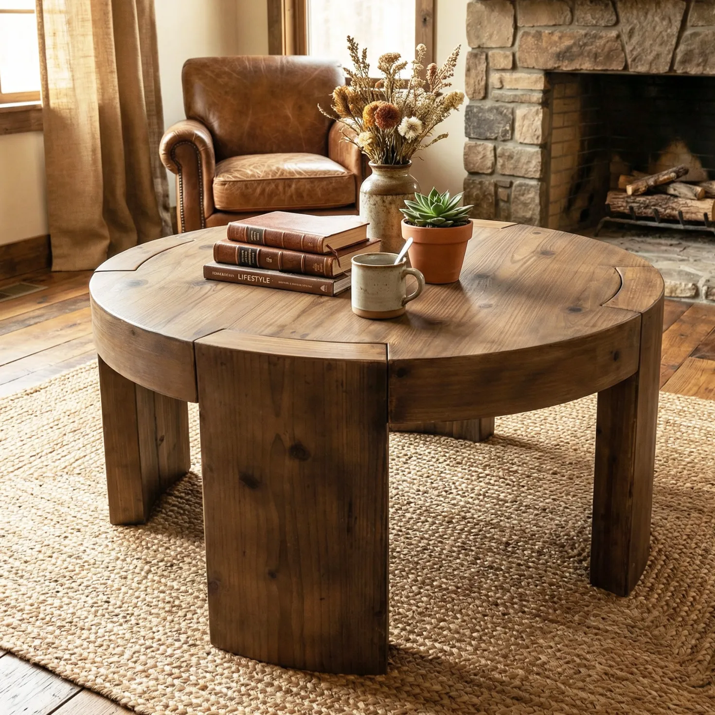 31.5" Round Coffee Table, Solid Wood Farmhouse Center Cocktail Tea Table for Living Room