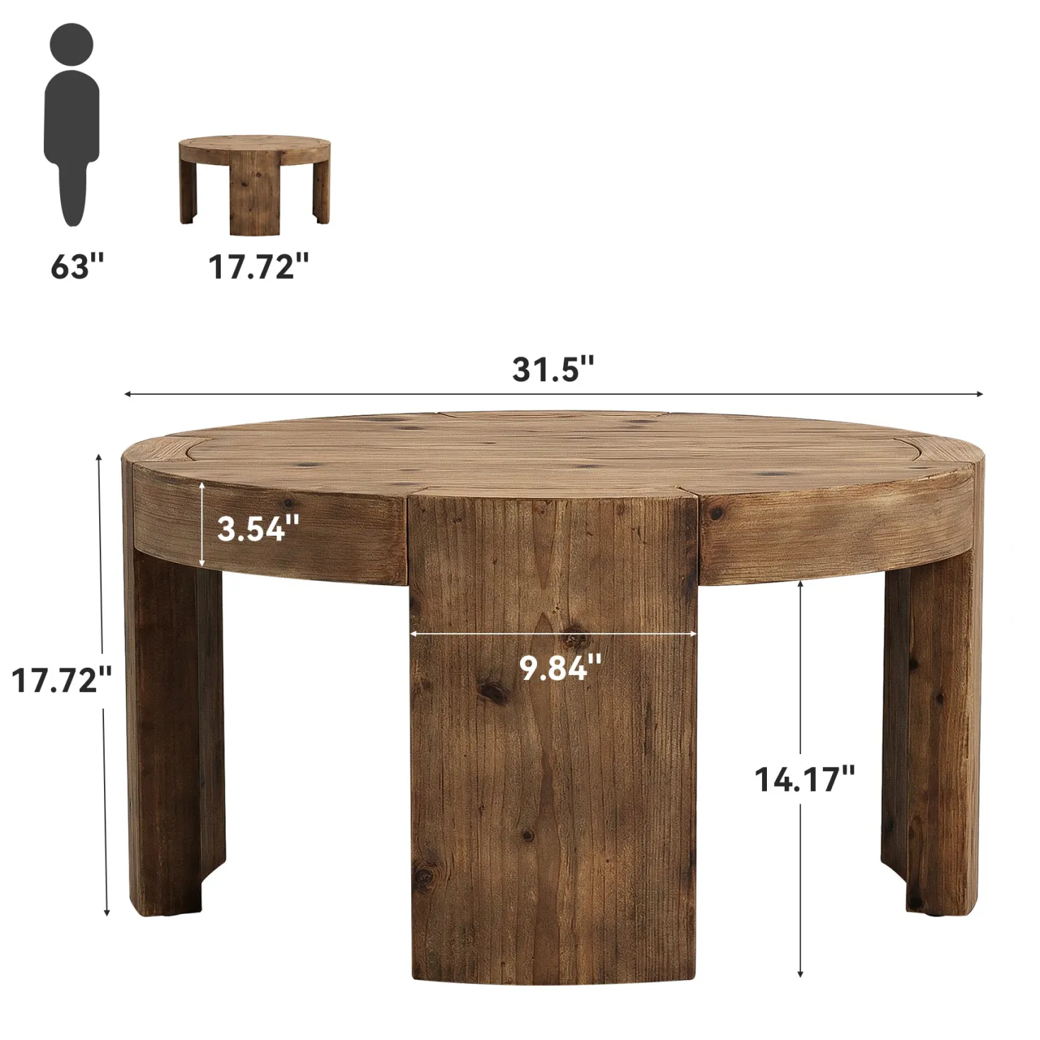 31.5" Round Coffee Table, Solid Wood Farmhouse Center Cocktail Tea Table for Living Room