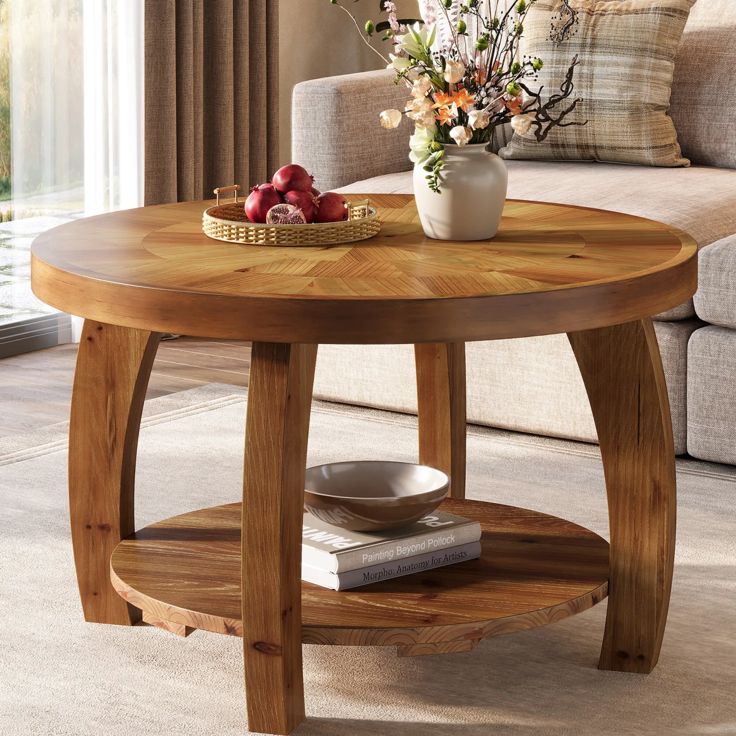 31.5" Round Coffee Table, 2-Tier Solid Wood Center Table with Mosaic Pattern
