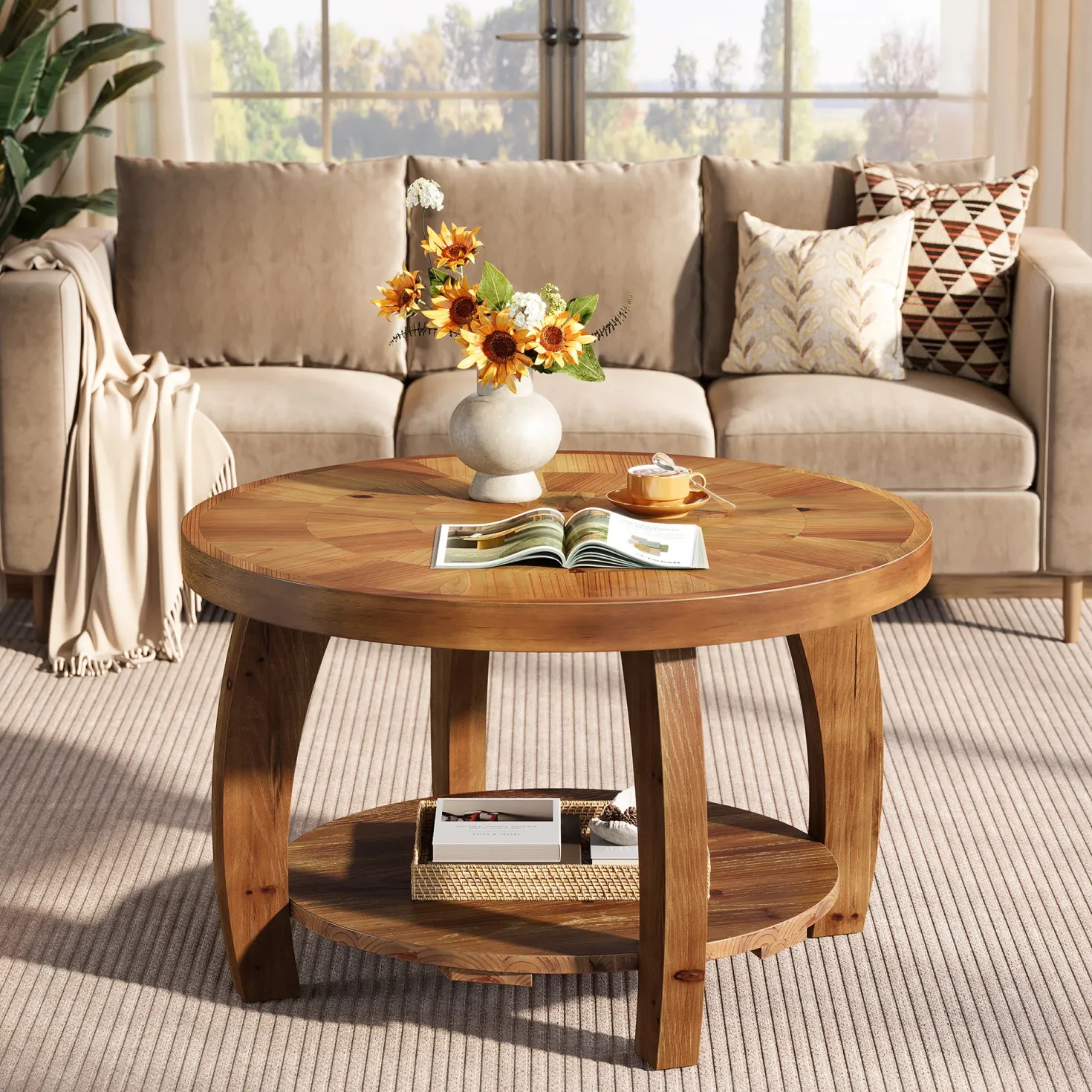 31.5" Round Coffee Table, 2-Tier Solid Wood Center Table with Mosaic Pattern