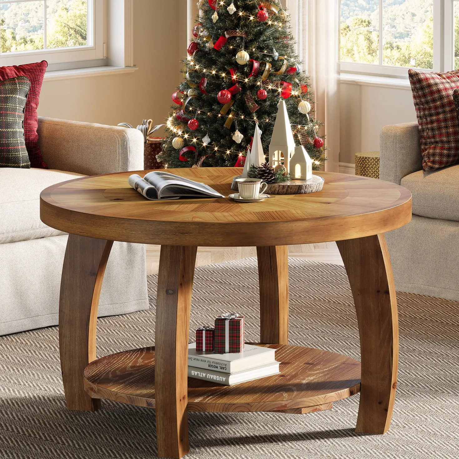 31.5" Round Coffee Table, 2-Tier Solid Wood Center Table with Mosaic Pattern