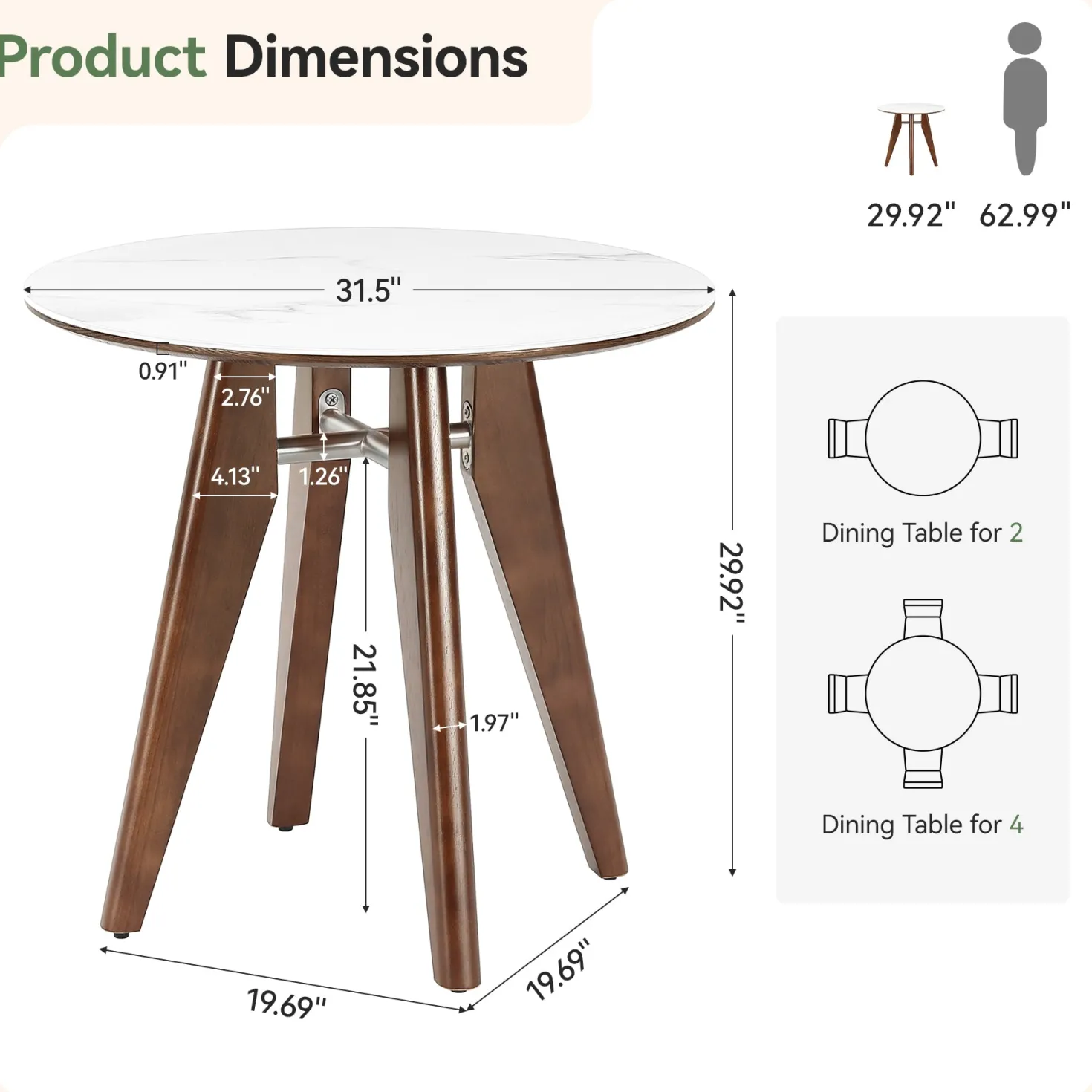 31.5" Round Dining Table, Modern Sintered Stone Kitchen Dinner Table