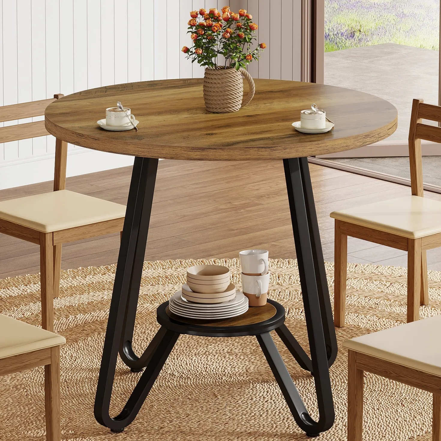 31.5" Round Dining Table, Small Kitchen Table with Open Shelves for 2
