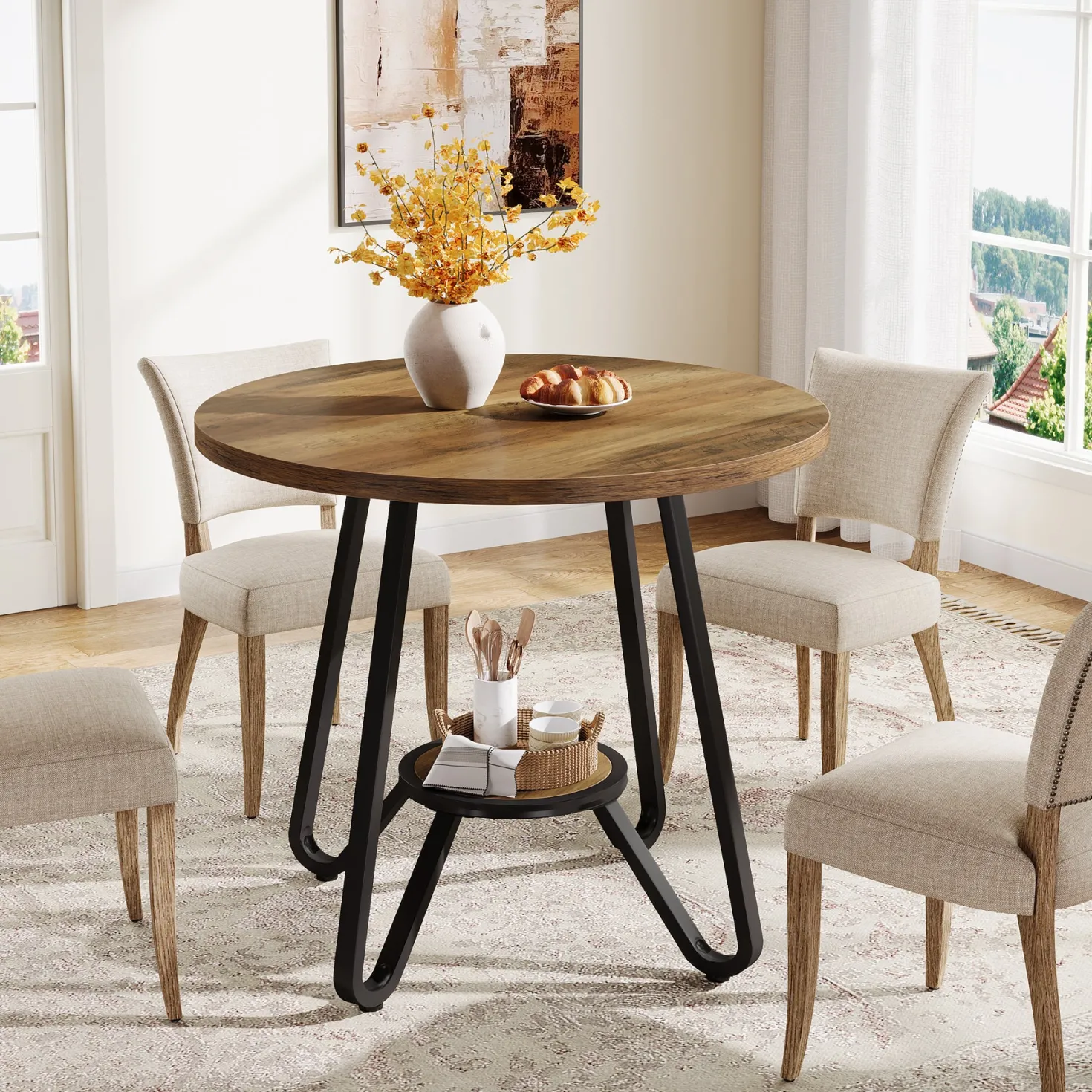 31.5" Round Dining Table, Small Kitchen Table with Open Shelves for 2