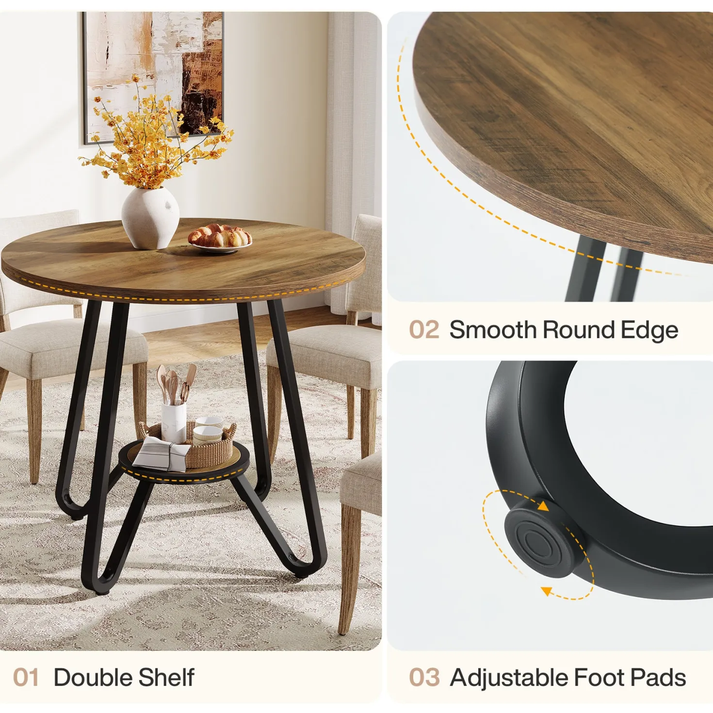 31.5" Round Dining Table, Small Kitchen Table with Open Shelves for 2