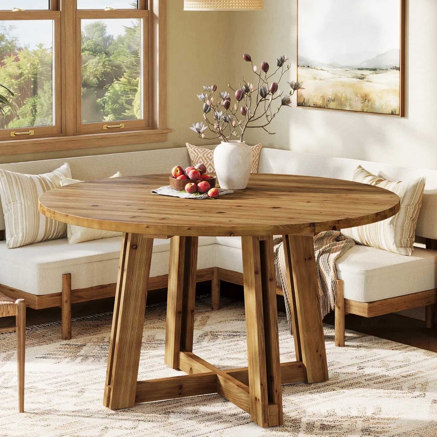 47" Round Dining Table, Solid Wood Kitchen Table with Sturdy Legs for 4-6