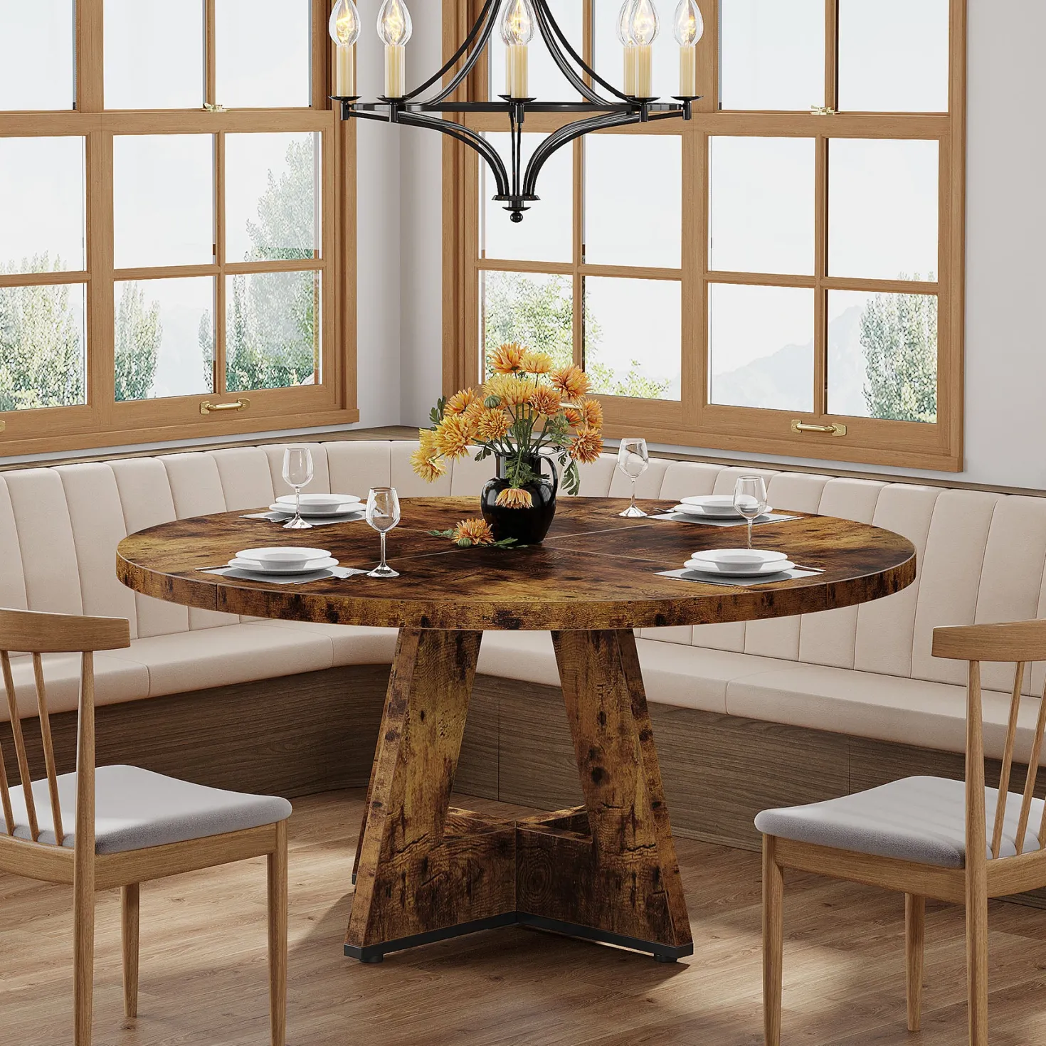 47" Round Farmhouse Dining Table for 4 People, Rustic Dining Room Table