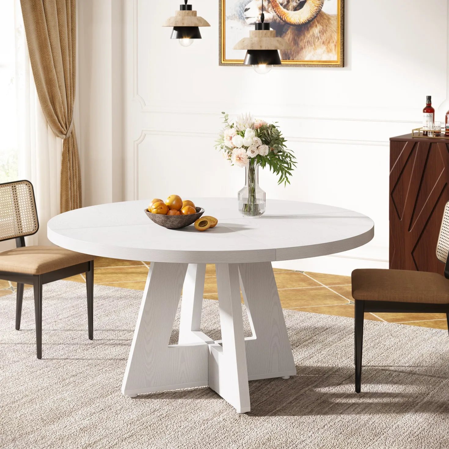 47" Round Farmhouse Dining Table for 4 People, Rustic Dining Room Table