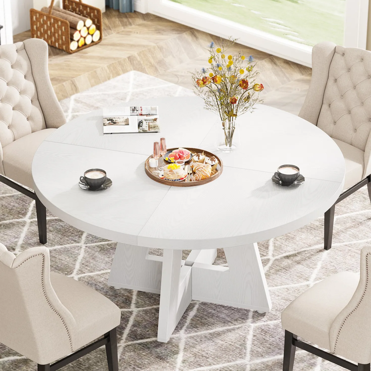 47" Round Farmhouse Dining Table for 4 People, Rustic Dining Room Table