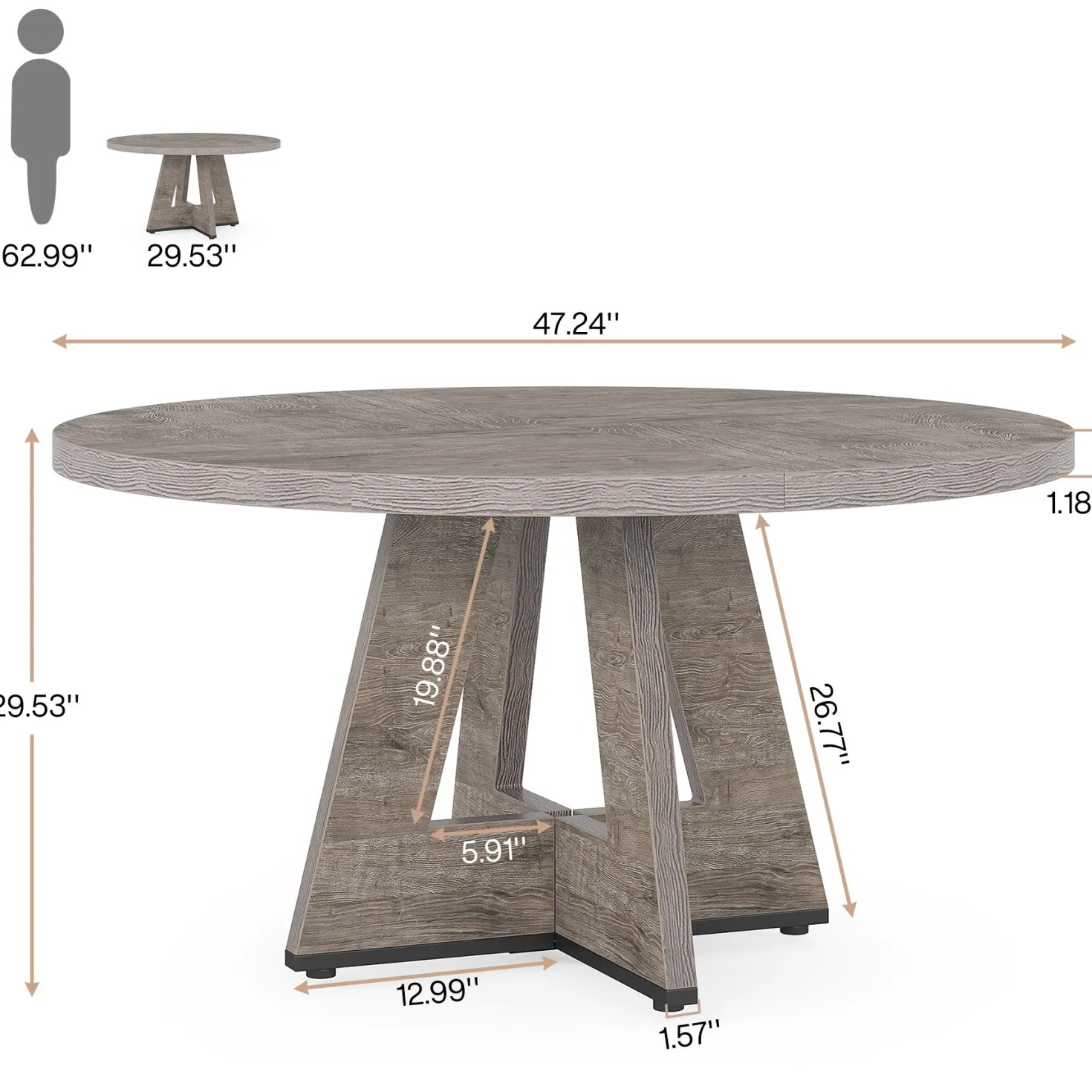 47" Round Farmhouse Dining Table for 4 People, Rustic Dining Room Table