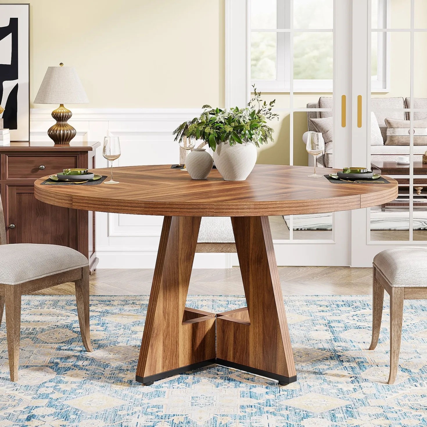47" Round Farmhouse Dining Table for 4 People, Rustic Dining Room Table