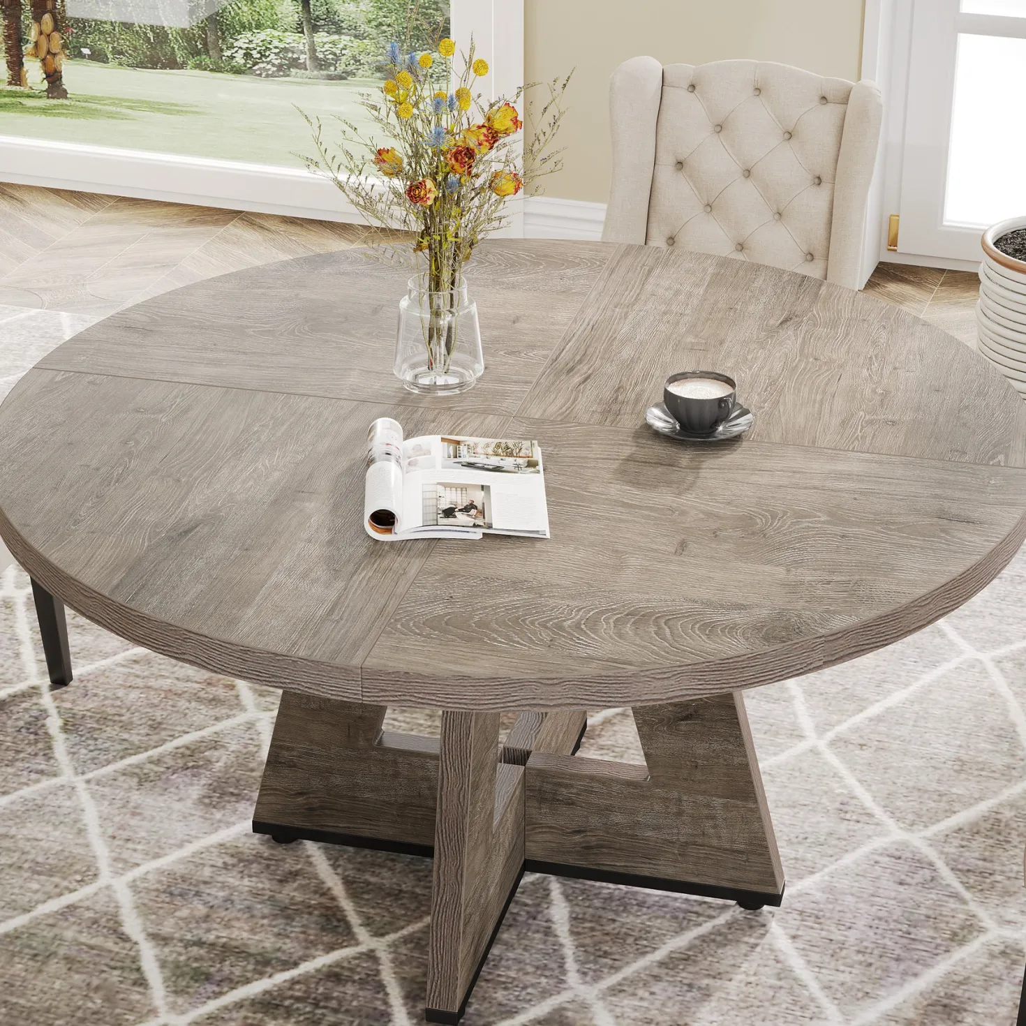 47" Round Farmhouse Dining Table for 4 People, Rustic Dining Room Table