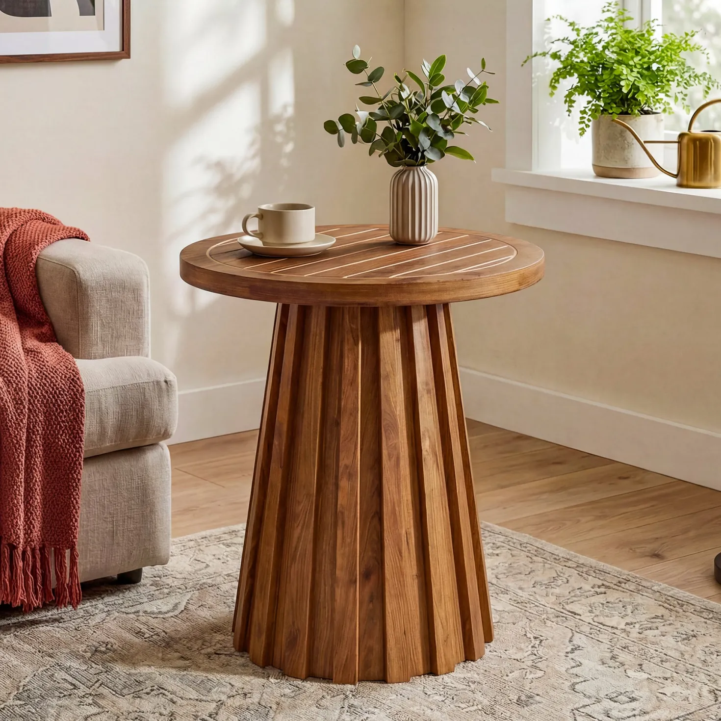 20" Round Side Table, Solid Wood End Table with Fluted Base for Living Room