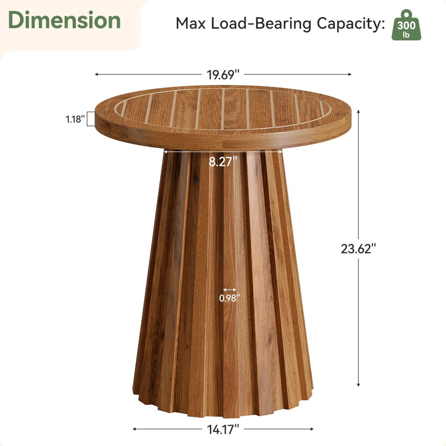 20" Round Side Table, Solid Wood End Table with Fluted Base for Living Room