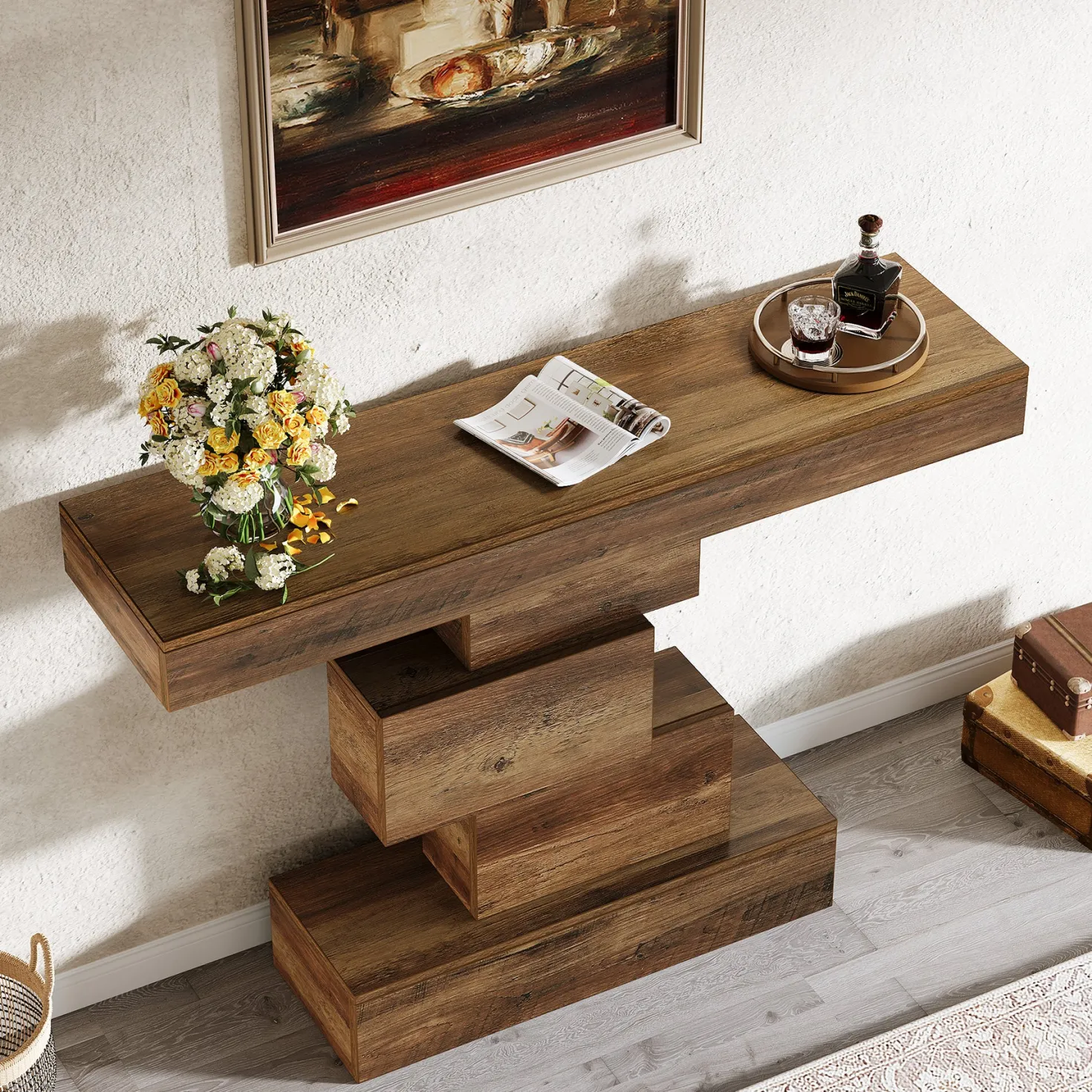 42.5" Rustic Brown Farmhouse Console, Industrial Geometric Sofa Table for Hallway Entrance