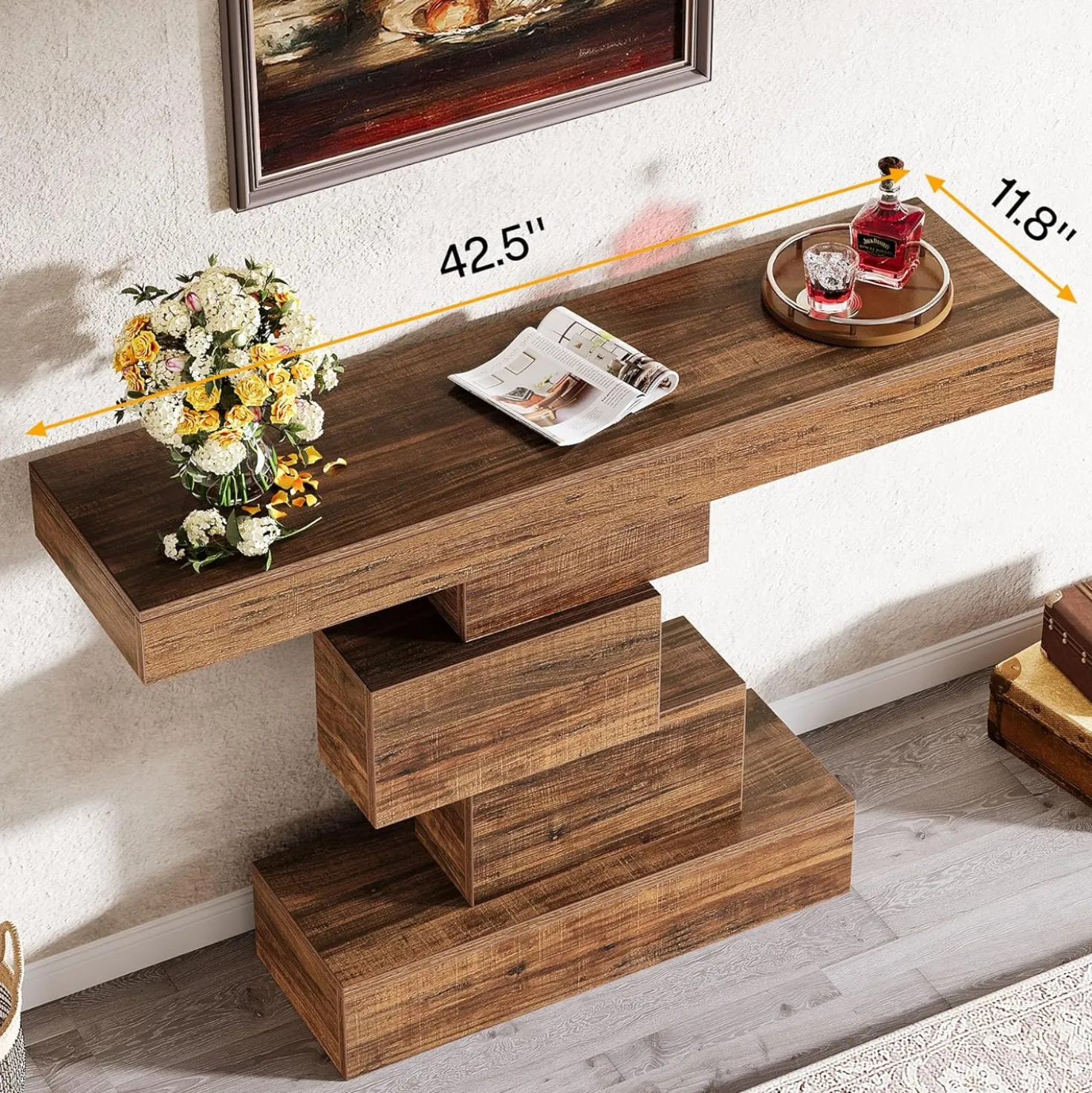 42.5" Rustic Brown Farmhouse Console, Industrial Geometric Sofa Table for Hallway Entrance