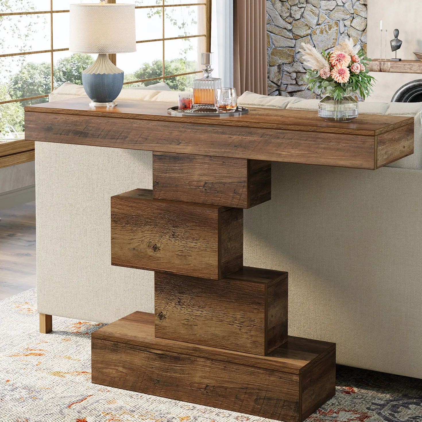 42.5" Rustic Brown Farmhouse Console, Industrial Geometric Sofa Table for Hallway Entrance