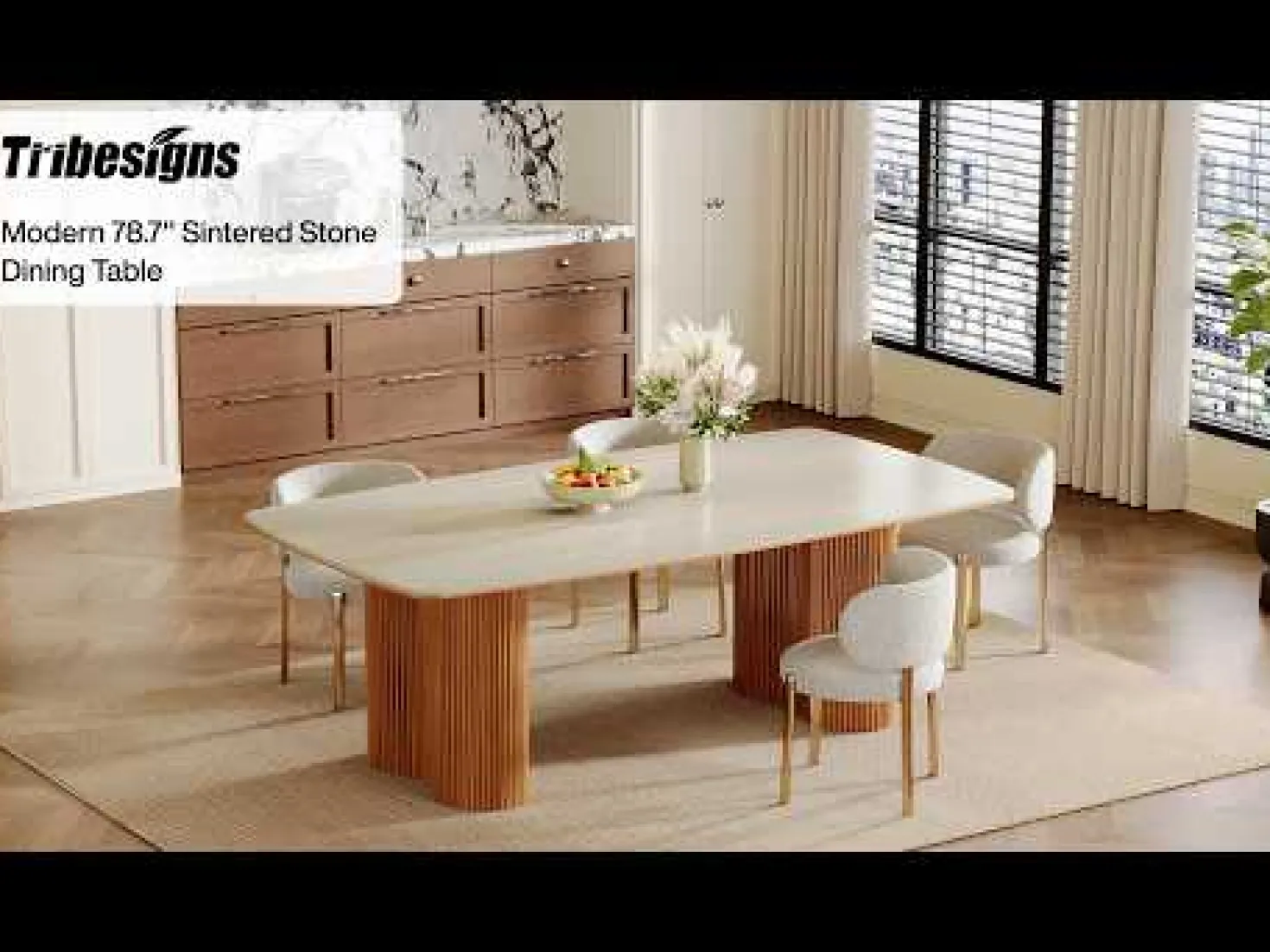 78.7" Sintered Stone Dining Table for 8 with Solid Wood Legs