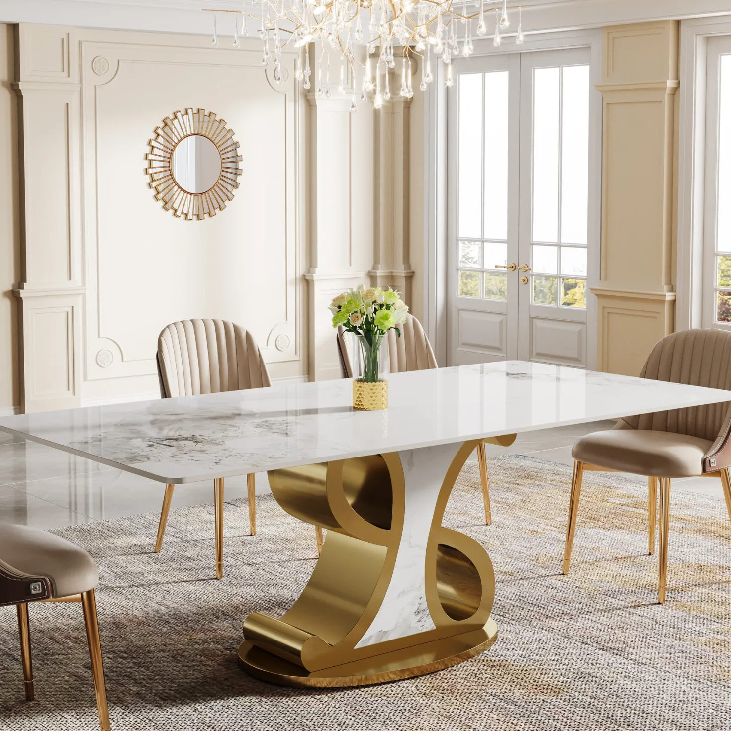 78.7" Sintered Stone Dining Table, Luxury Kitchen Table with Stainless Steel Base for 8-10