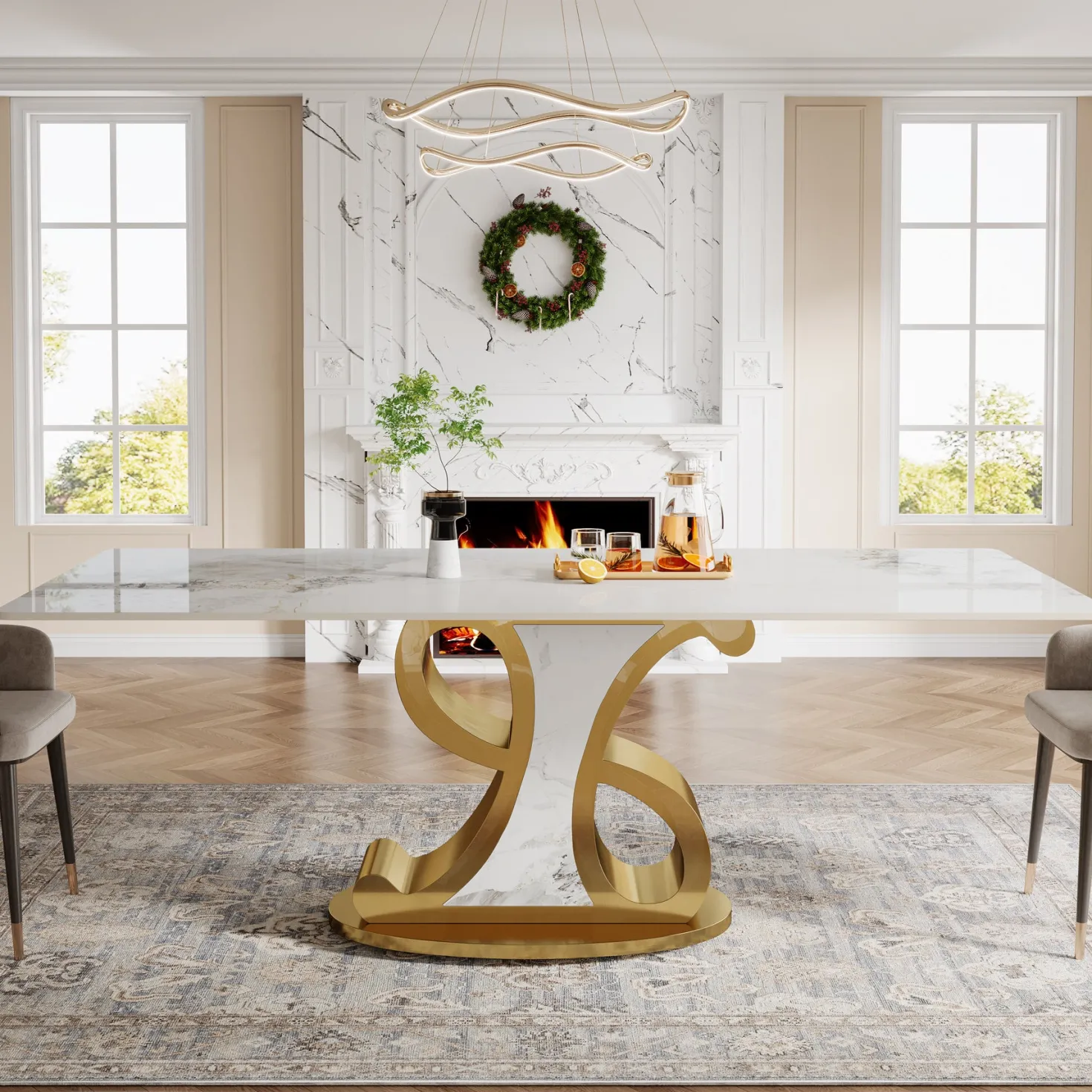 78.7" Sintered Stone Dining Table, Luxury Kitchen Table with Stainless Steel Base for 8-10