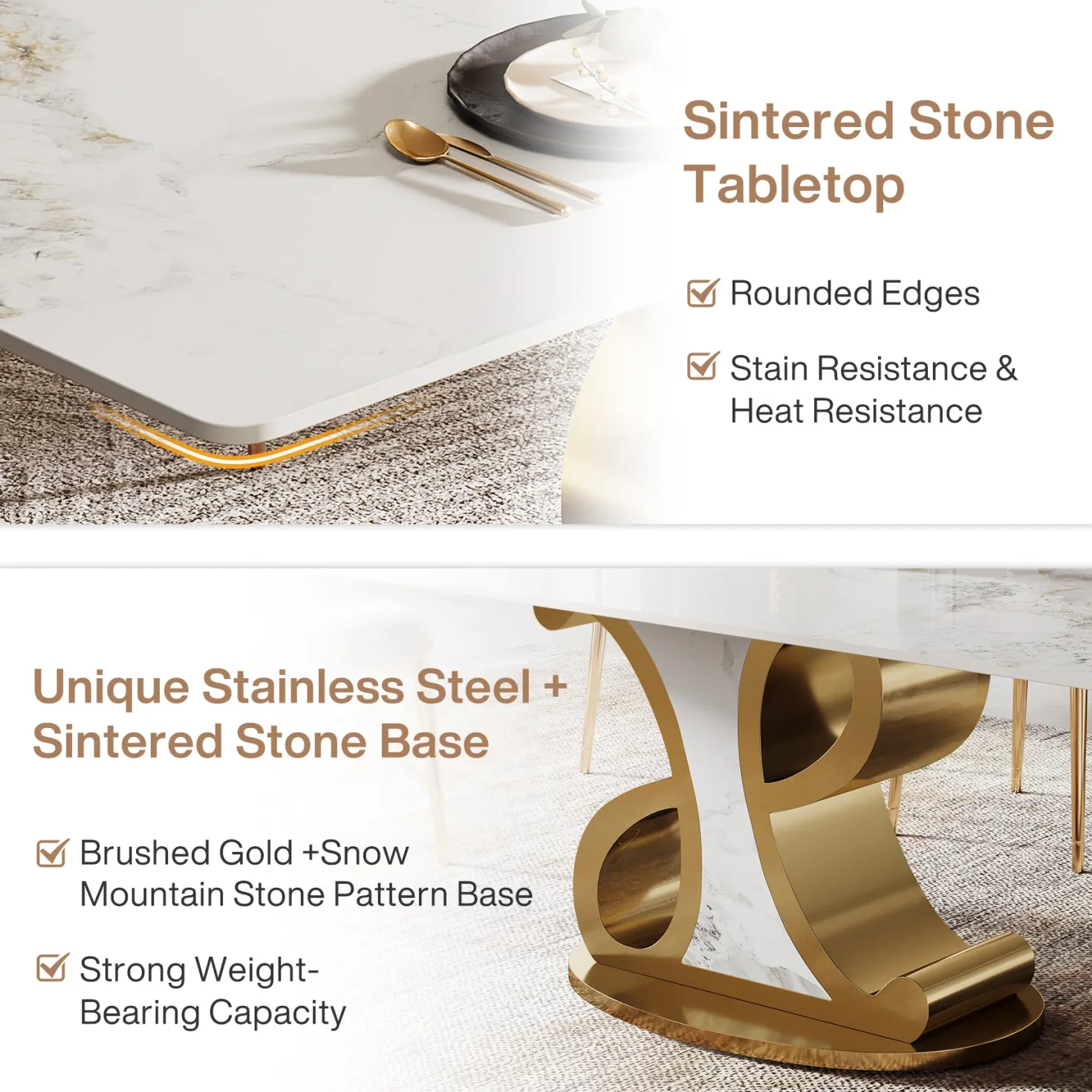 78.7" Sintered Stone Dining Table, Luxury Kitchen Table with Stainless Steel Base for 8-10