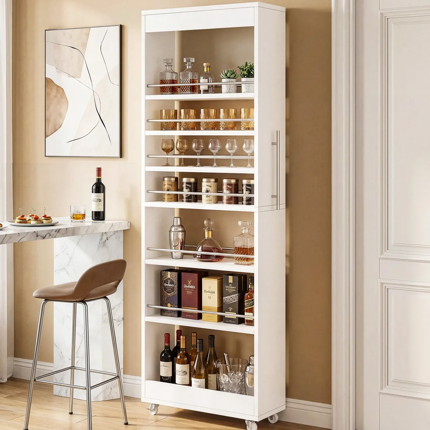 73" Slim Storage Cart on Wheels, 7-Tier Narrow Pantry Rack Cabinet Organizer