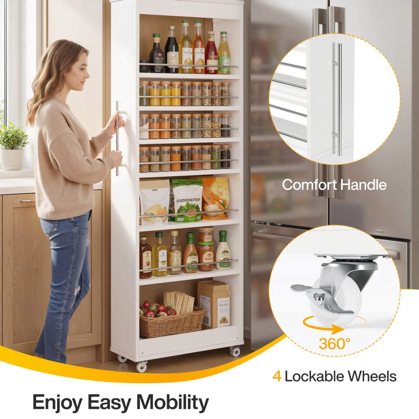 73" Slim Storage Cart on Wheels, 7-Tier Narrow Pantry Rack Cabinet Organizer