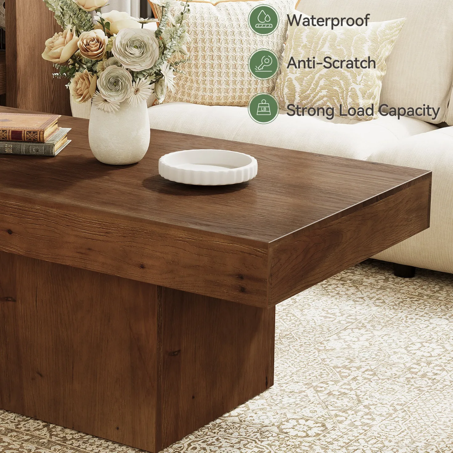 47.24" Solid Wood Coffee Table, Rectangle Center Table with Sturdy Pedestal
