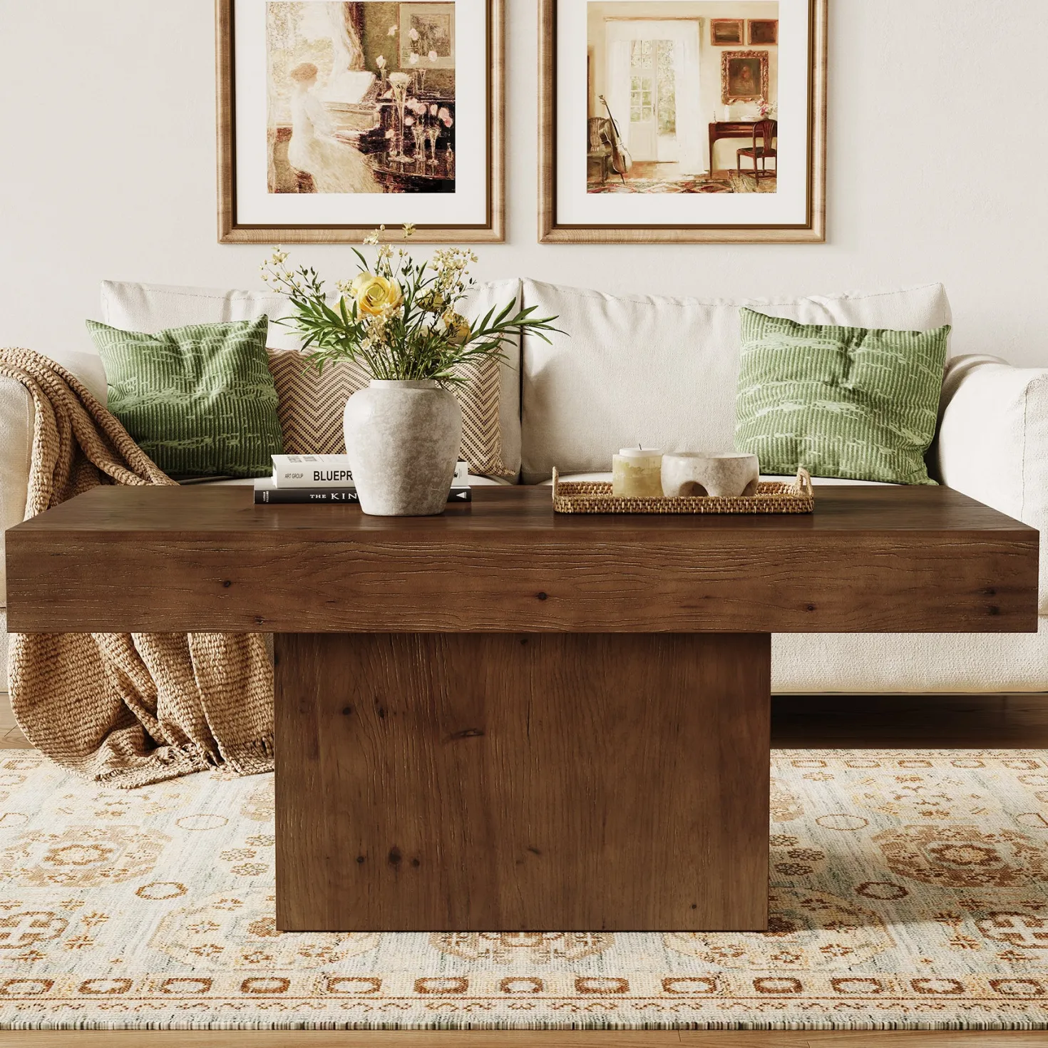 47.24" Solid Wood Coffee Table, Rectangle Center Table with Sturdy Pedestal