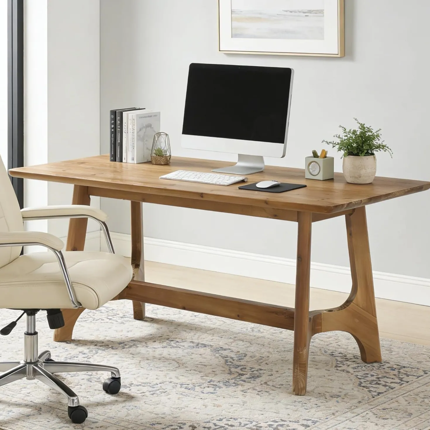 62.99" Solid Wood Conference Table, Rectangular Seminar Desk Meeting Room Table for 4-6 People