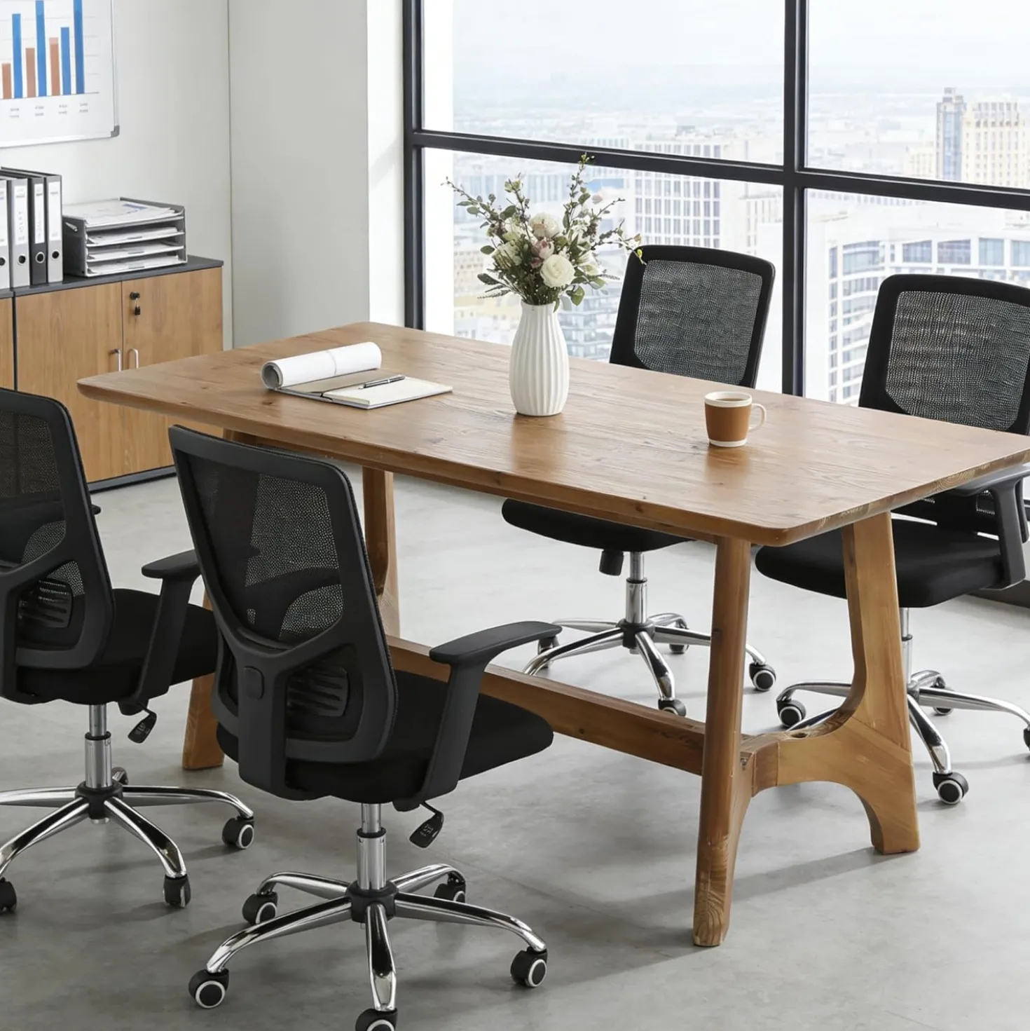 62.99" Solid Wood Conference Table, Rectangular Seminar Desk Meeting Room Table for 4-6 People