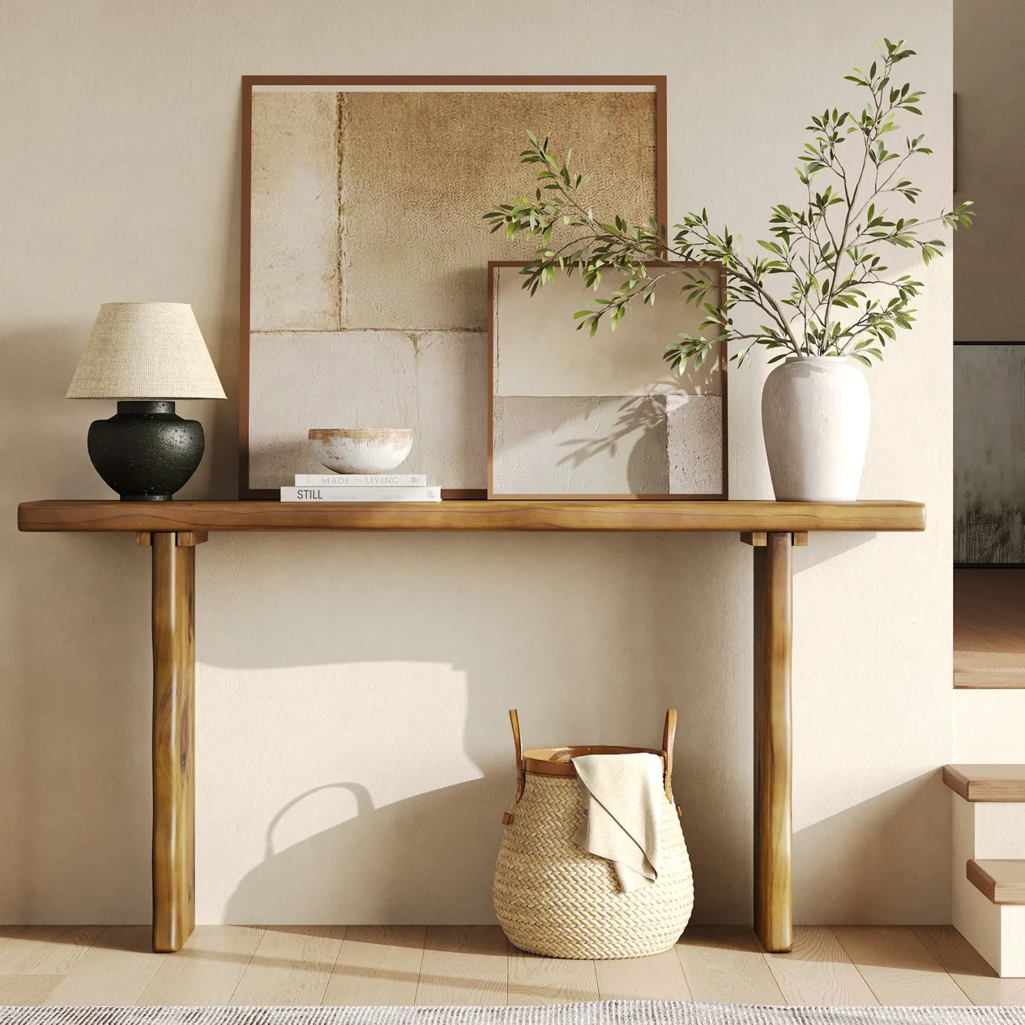 63" Solid Wood Console Table, Farmhouse Narrow Sofa & Entryway Table for Behind Couch or Hallway