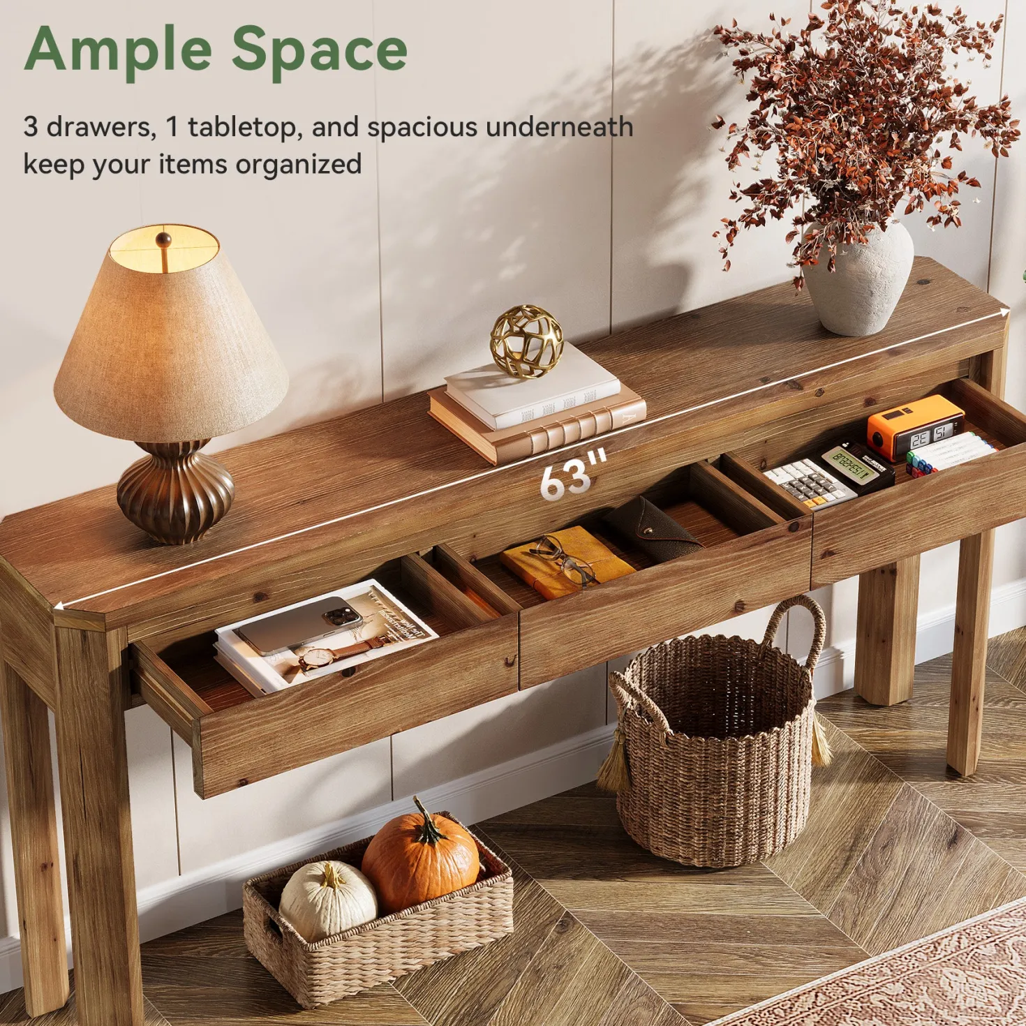 63" Solid Wood Console Table, Farmhouse Entryway Table with 3 Drawers
